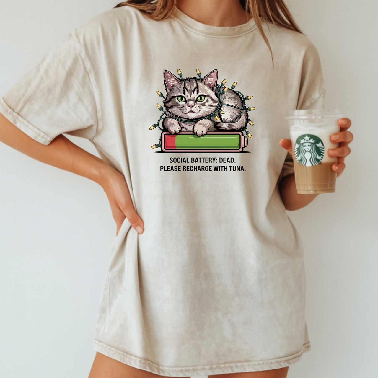 Social Battery Dead T-Shirt - Funny Cat Sarcastic Graphic Tee