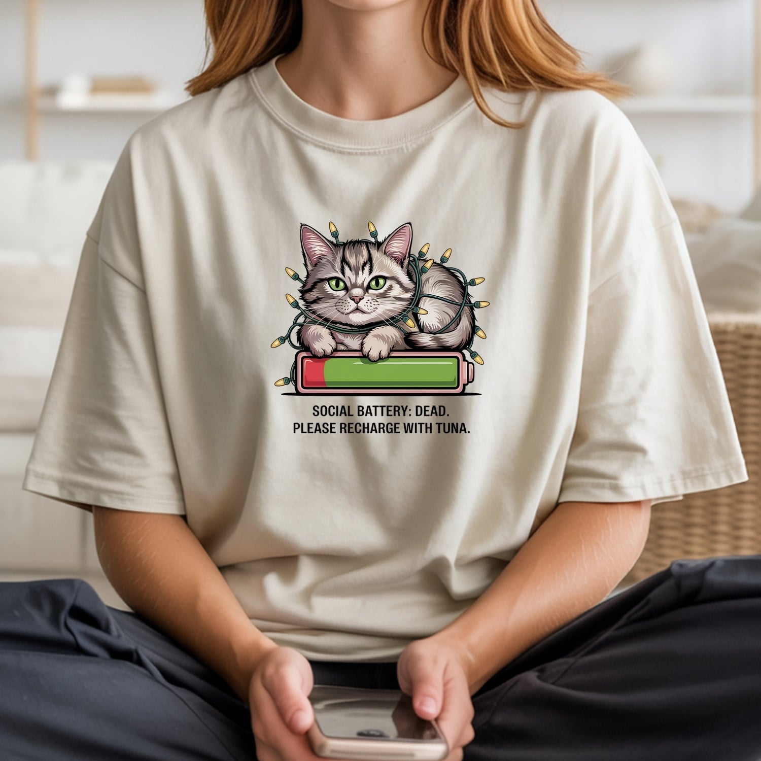 Social Battery Dead T-Shirt - Funny Cat Sarcastic Graphic Tee