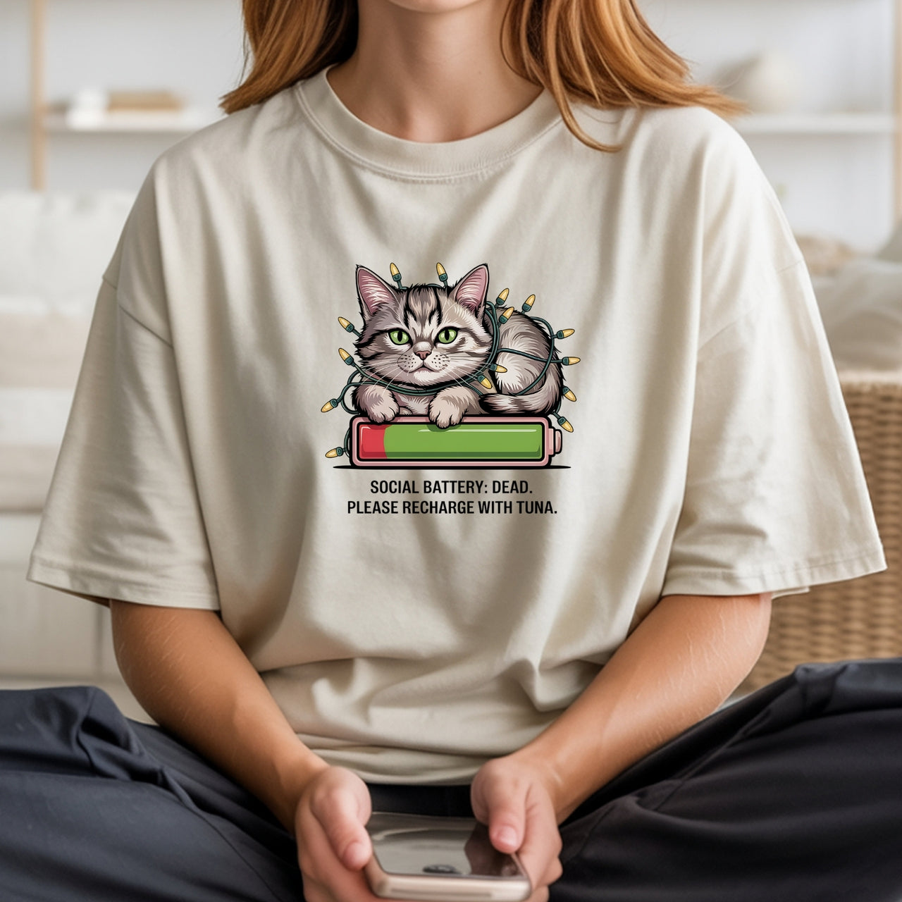 Social Battery Dead T-Shirt - Funny Cat Sarcastic Graphic Tee