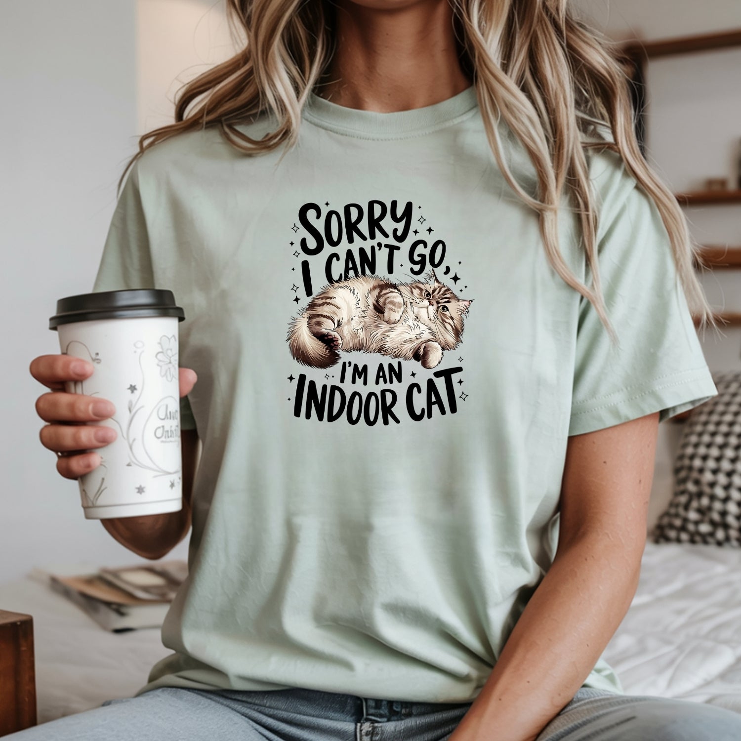 Sorry I Can't Go Indoor Cat T-Shirt - Funny Cat Sarcastic Graphic Tee