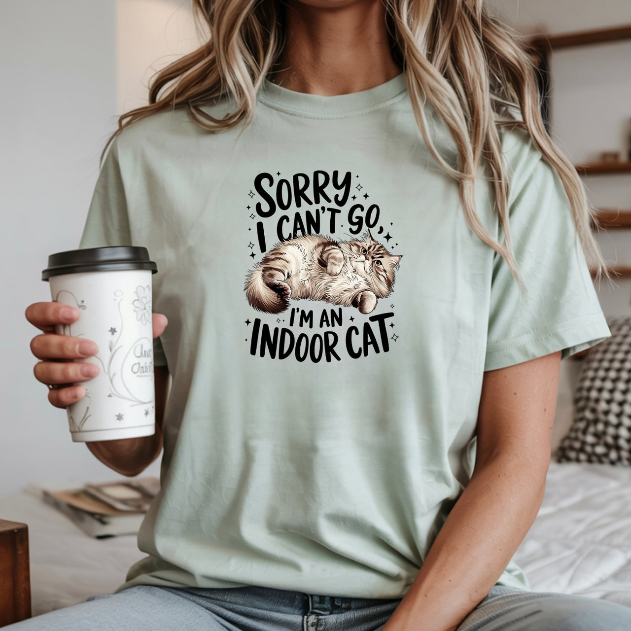 Sorry I Can't Go Indoor Cat T-Shirt - Funny Cat Sarcastic Graphic Tee