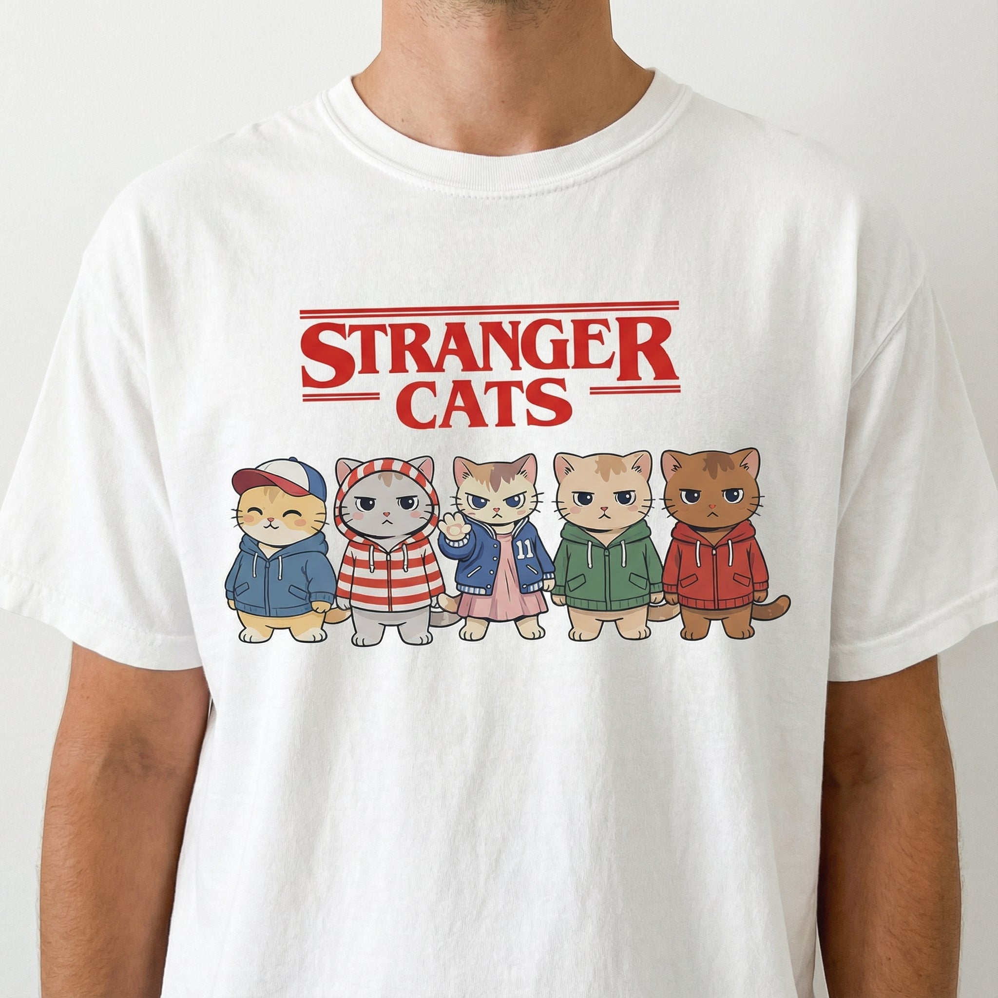 Stranger Cats Retro Cat Parody T-Shirt – Funny 80s Inspired Cat Graphic Tee