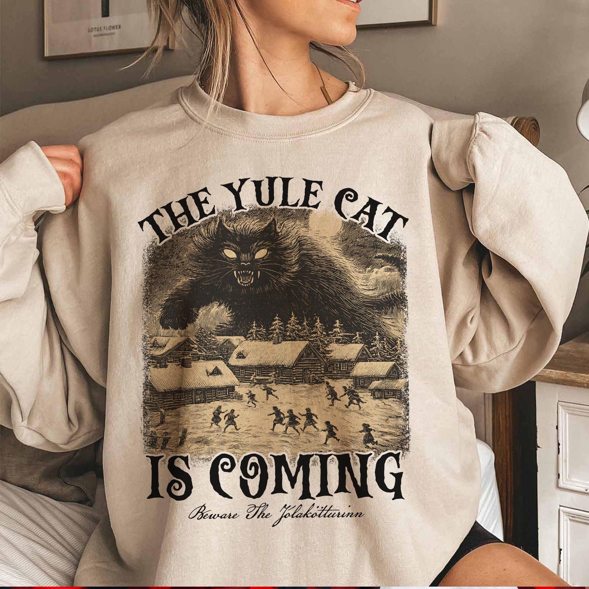 The Yule Cat Is Coming Sweatshirt – Gothic Christmas Pagan Folklore Shirt, Winter Solstice Yule Cat Gift