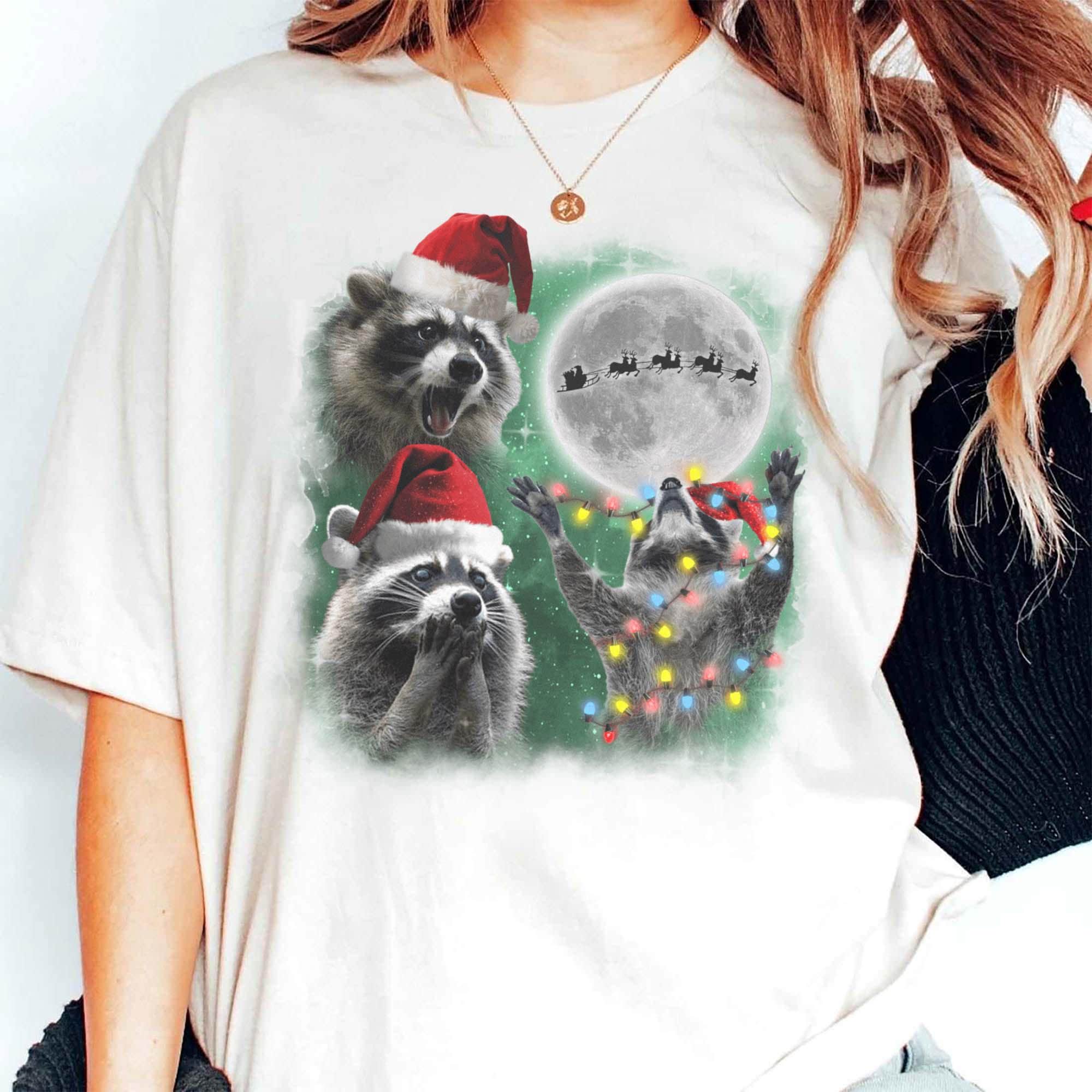Three Raccoons With the Moon Christmas Shirt – Feral Raccoon Meme Tee – Retro Galaxy Santa Raccoon Sweater
