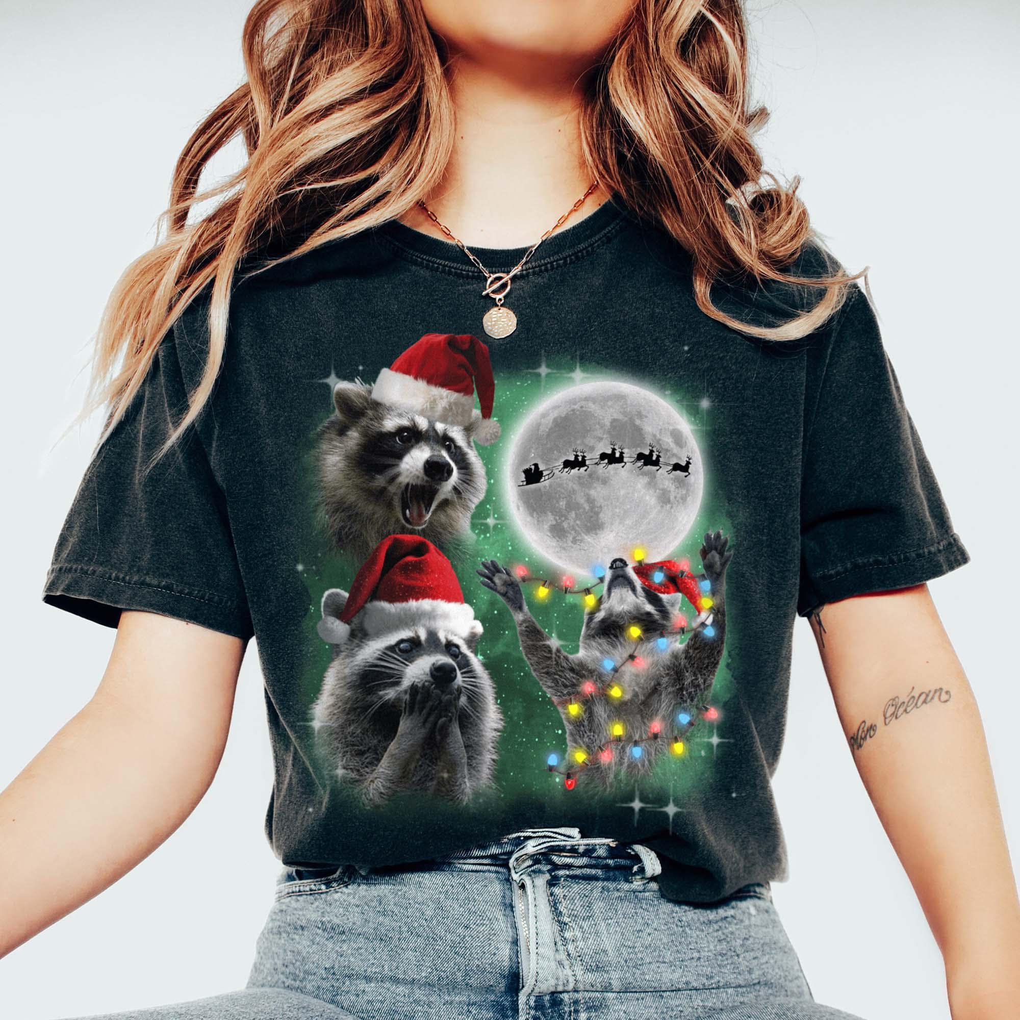 Three Raccoons With the Moon Christmas Shirt – Feral Raccoon Meme Tee – Retro Galaxy Santa Raccoon Sweater