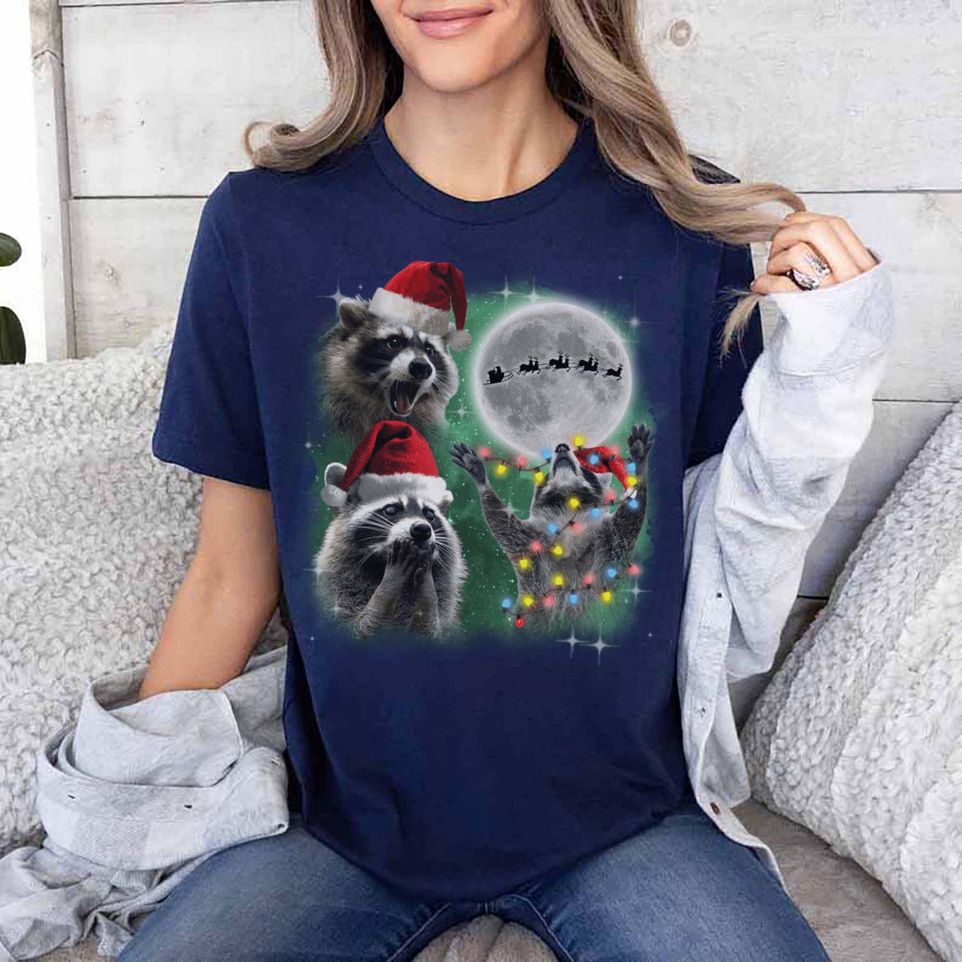 Three Raccoons With the Moon Christmas Shirt – Feral Raccoon Meme Tee – Retro Galaxy Santa Raccoon Sweater