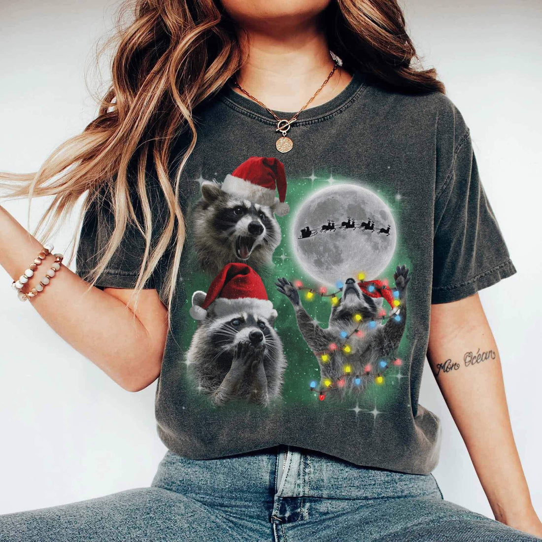 Three Raccoons With the Moon Christmas Shirt – Feral Raccoon Meme Tee – Retro Galaxy Santa Raccoon Sweater