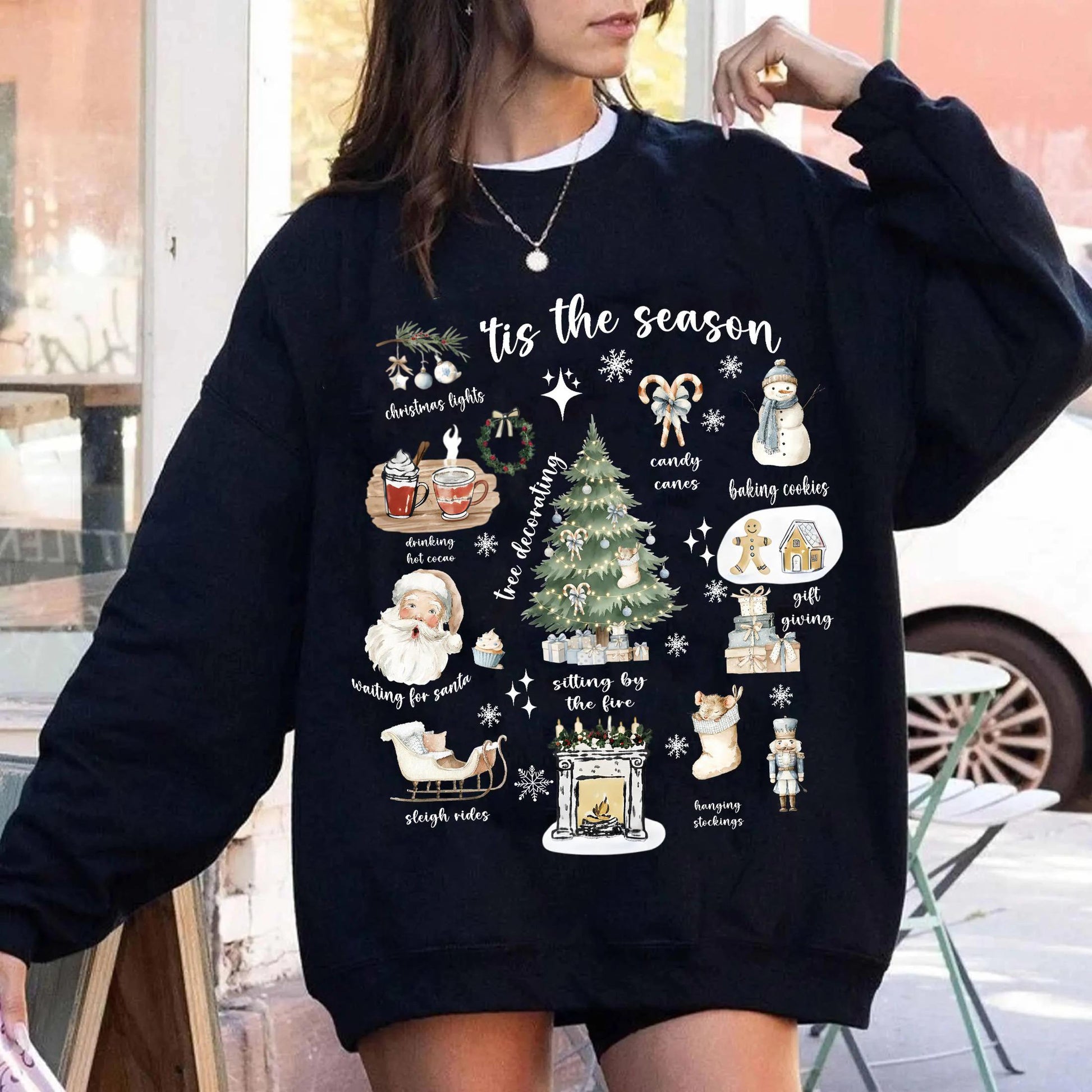 Tis the Season Christmas Shirt – Retro Holiday Tree & Santa Graphic, Festive Women’s Christmas Tee