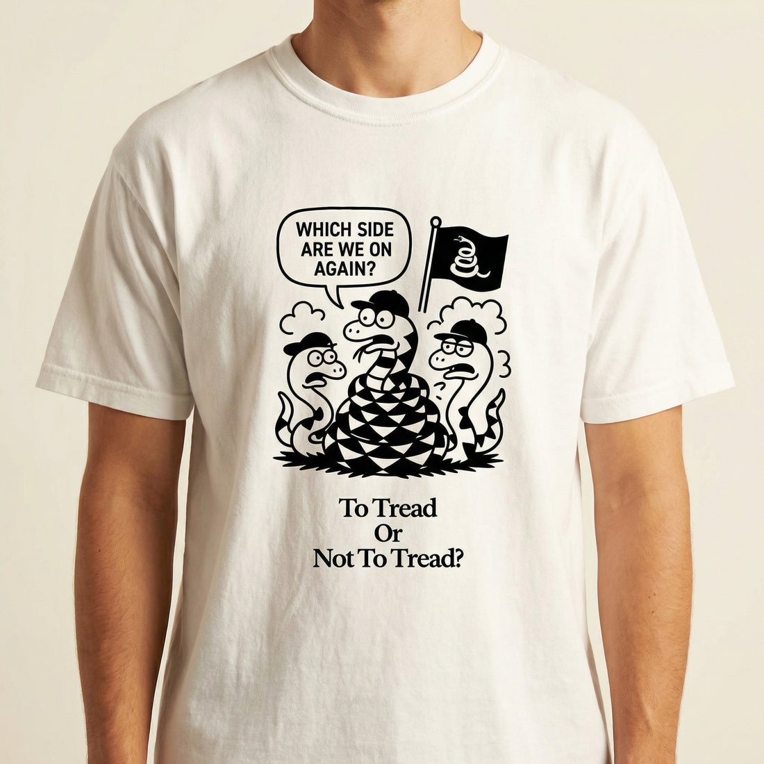 To Tread or Not to Tread Graphic T-Shirt – Satirical Snake Flag Parody Tee