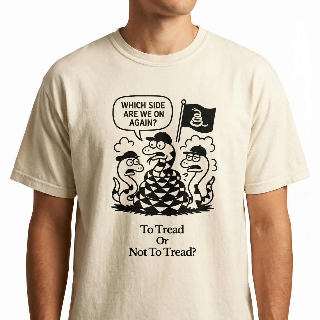 To Tread or Not to Tread Graphic T-Shirt – Satirical Snake Flag Parody Tee