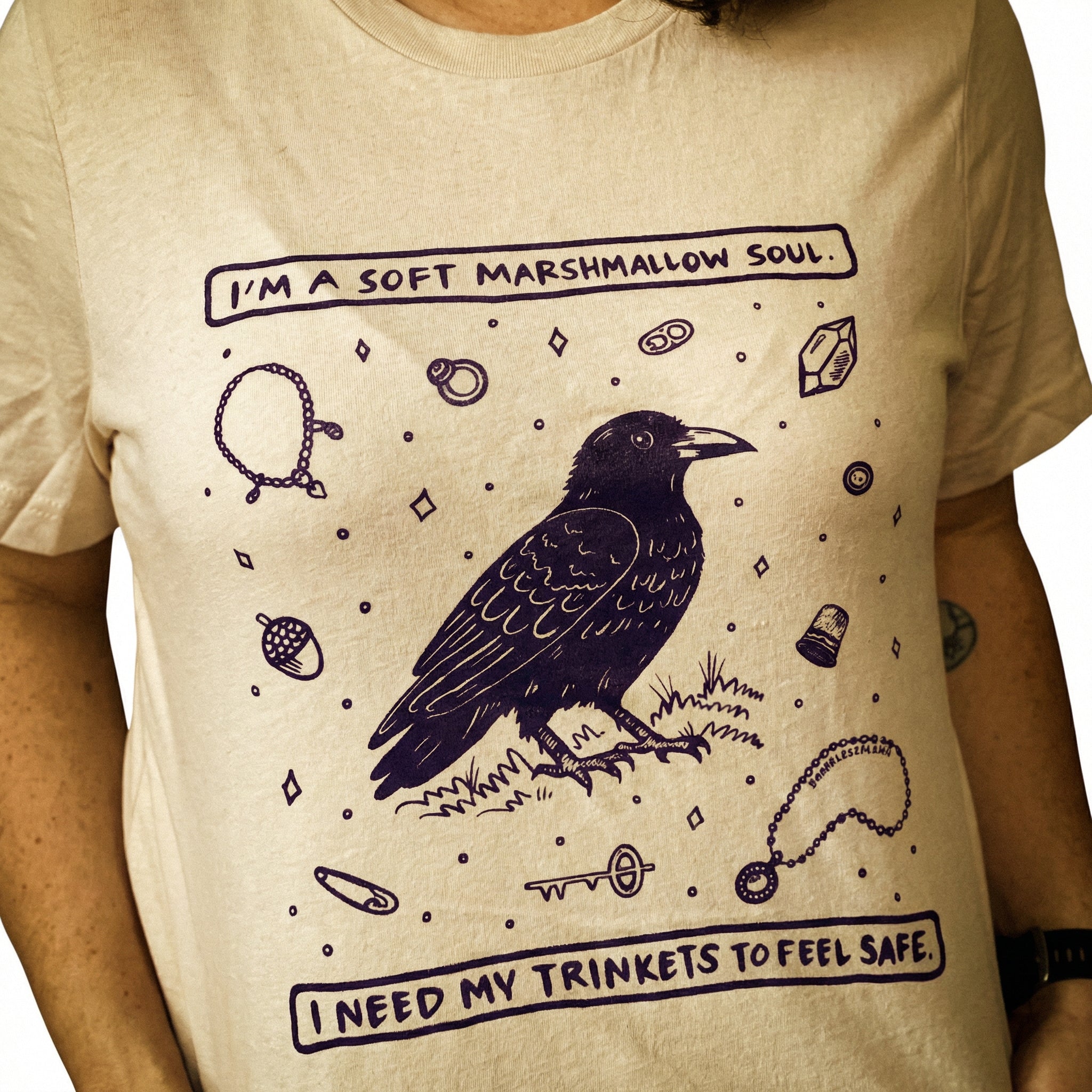 Trinkets Crow Soft Soul T-Shirt – Mystical Bird Graphic Tee
