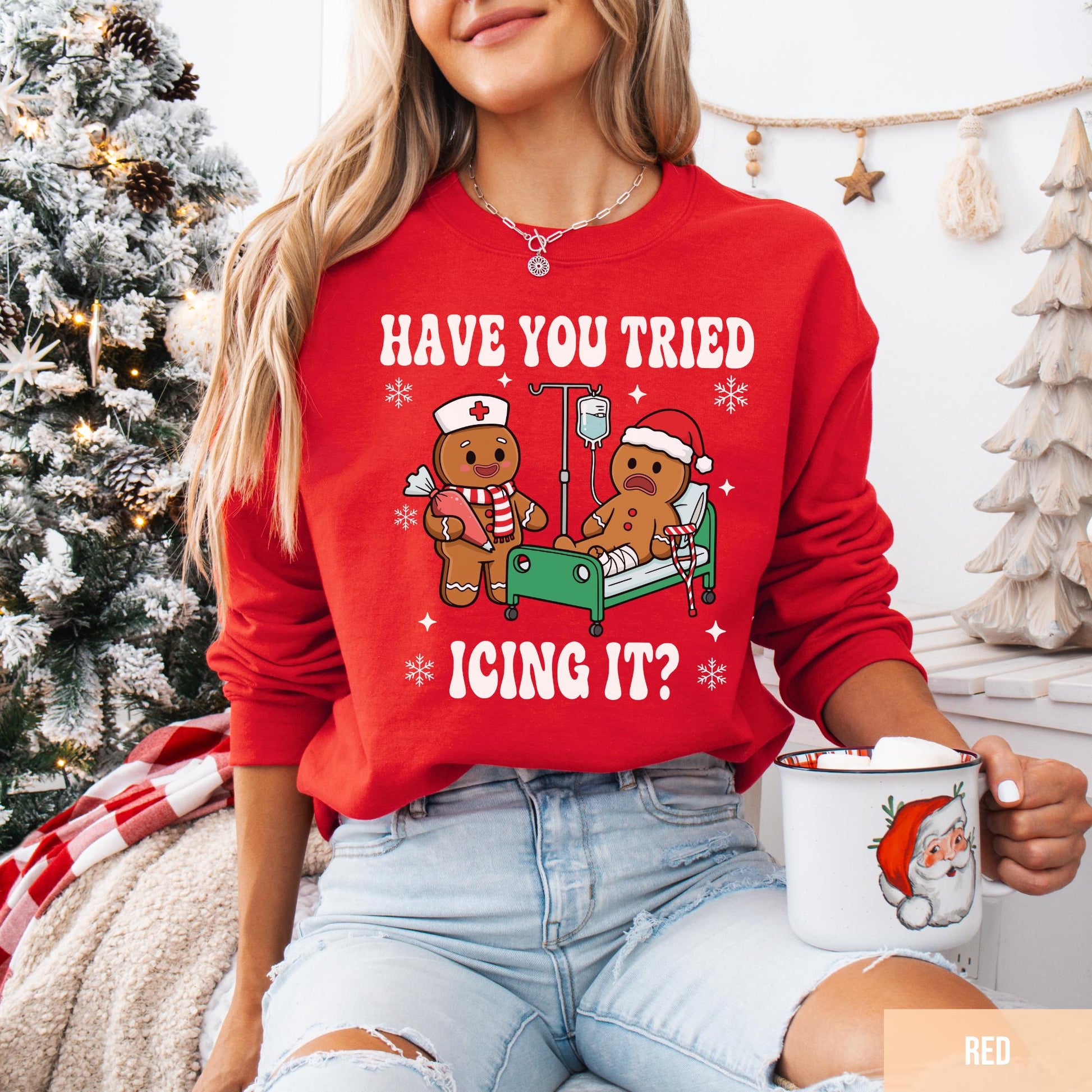 Try Icing It Nurse Christmas Sweatshirt – Funny Gingerbread Nurse Holiday Shirt, Xmas Nurse Tee Gift