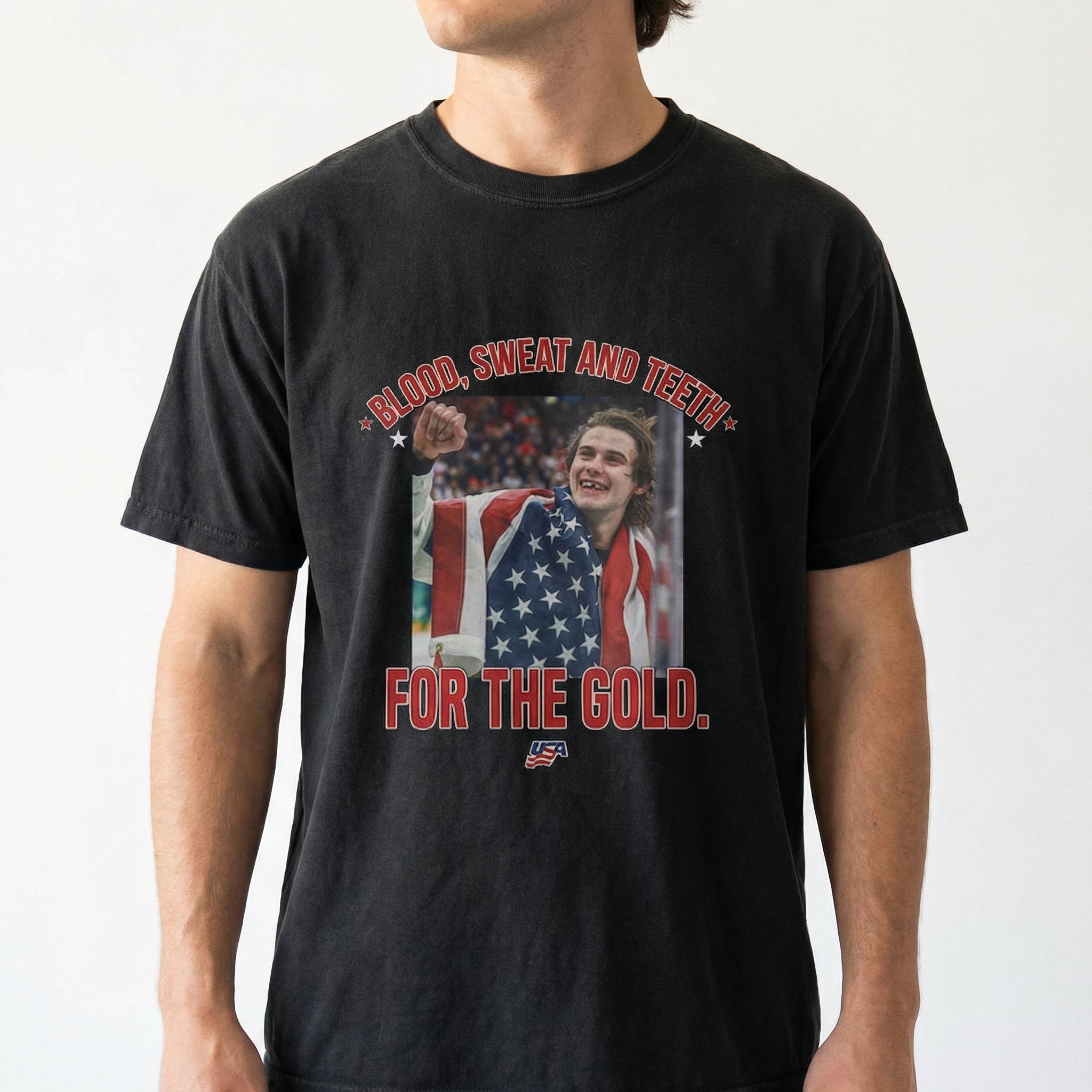 USA Hockey Jack Hughes Bloody Golden Goal Shirt – Sweat and Grit Championship Graphic Tee