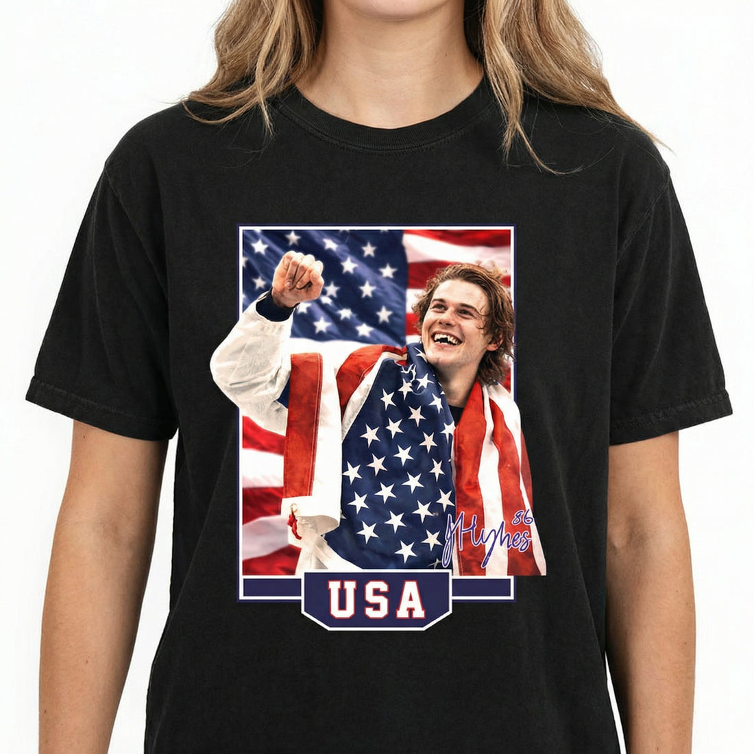 USA Hughes Hockey Fan T-Shirt – Patriotic Ice Hockey Graphic Tee