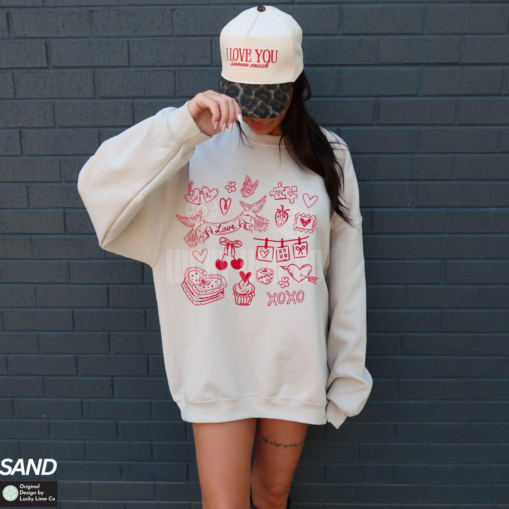 Valentine Doodles Collage Sweatshirt – Happy Valentine’s Day Love Crewneck