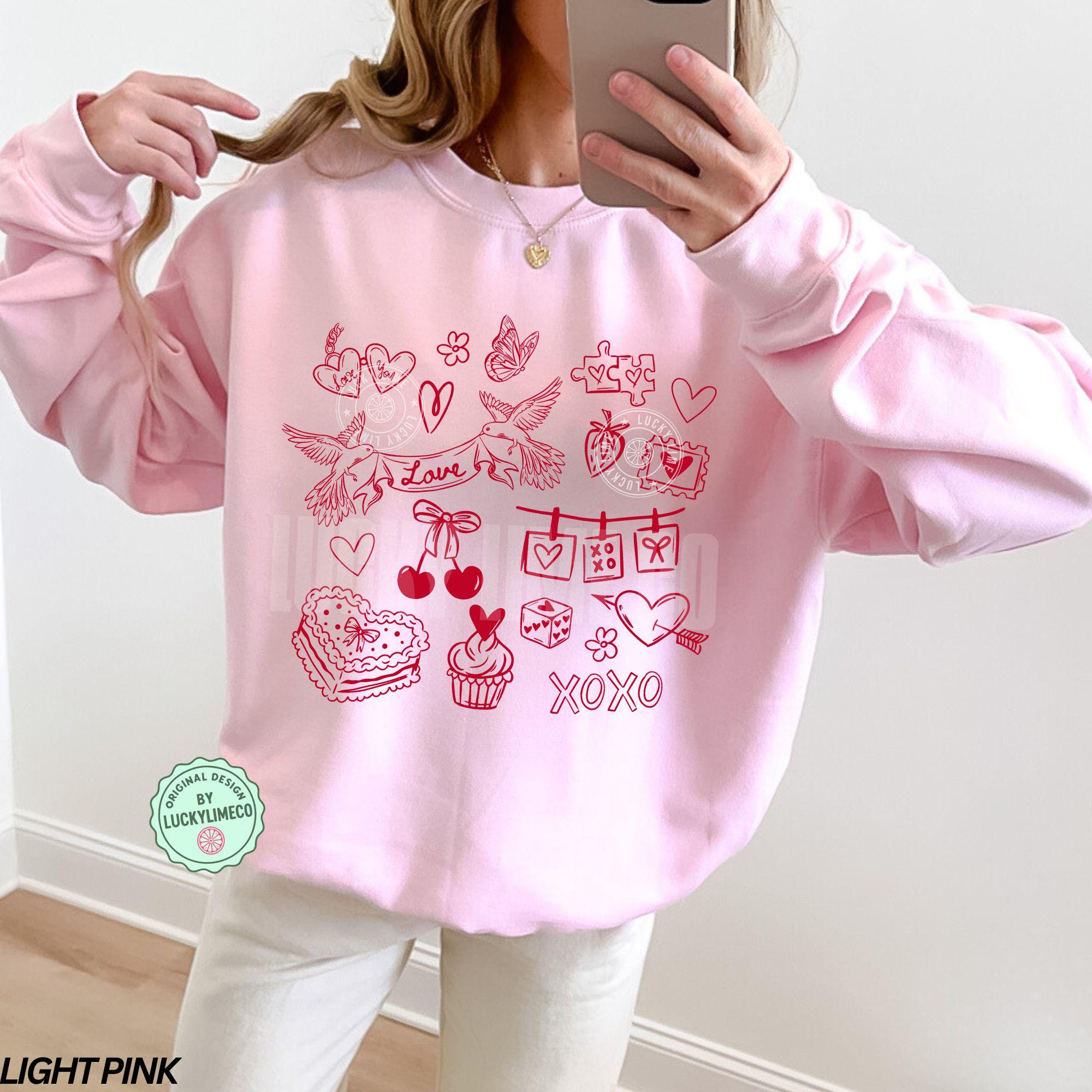 Valentine Doodles Collage Sweatshirt – Happy Valentine’s Day Love Crewneck