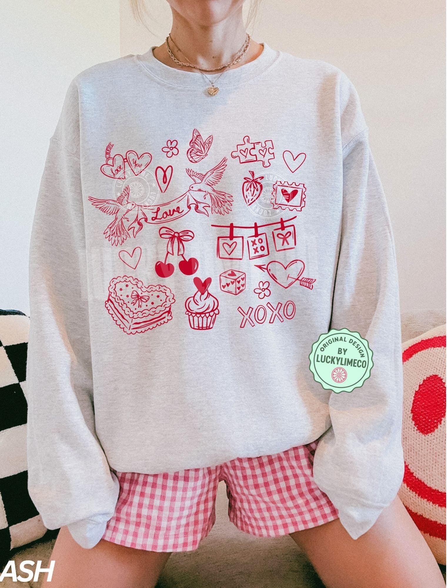 Valentine Doodles Collage Sweatshirt – Happy Valentine’s Day Love Crewneck