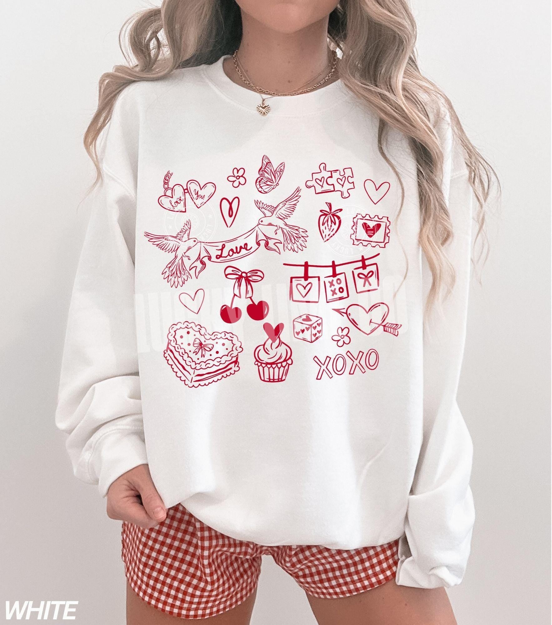 Valentine Doodles Collage Sweatshirt – Happy Valentine’s Day Love Crewneck