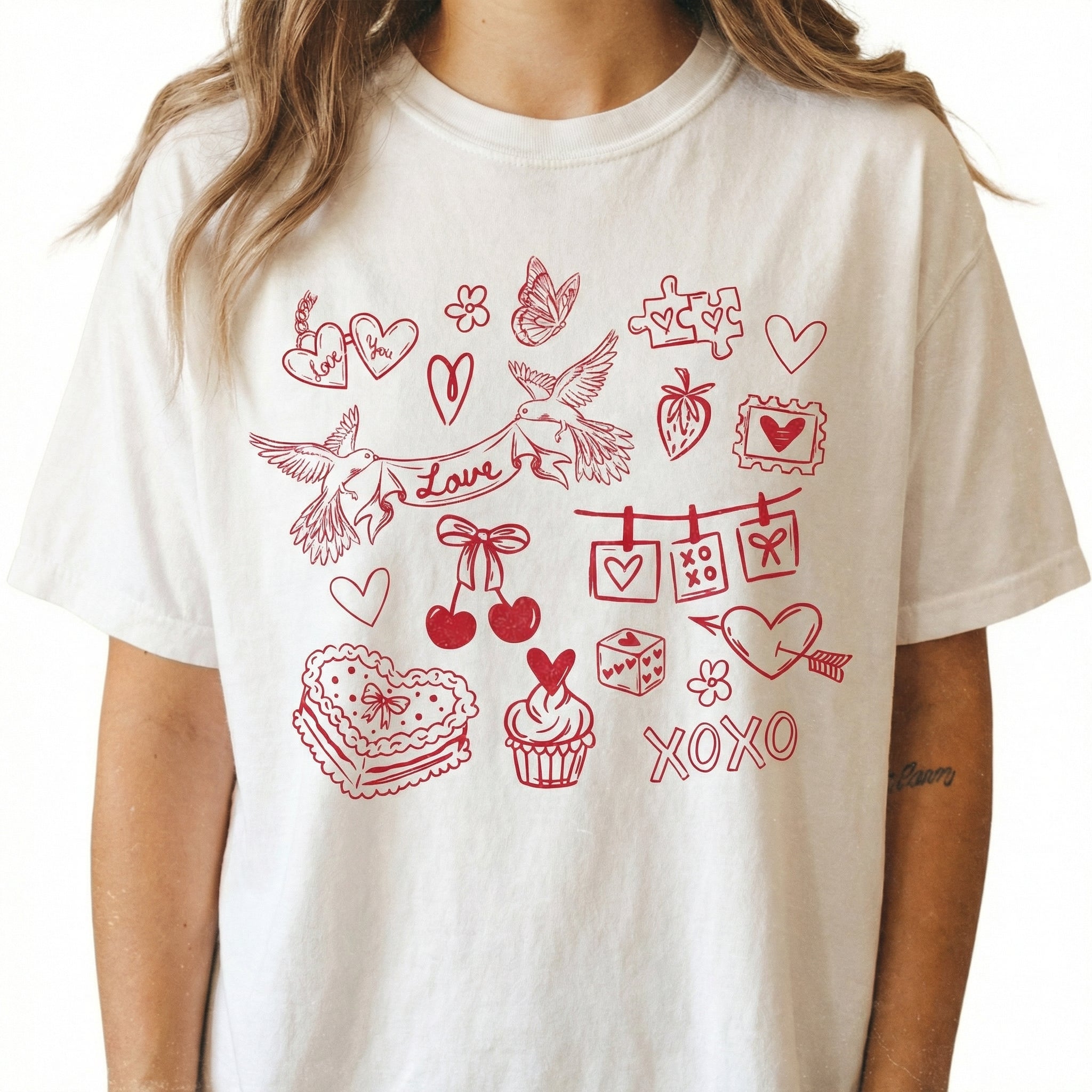 Valentine Doodles Collage T-Shirt – Women’s Love XOXO Graphic Tee