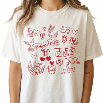 Valentine Doodles Collage T-Shirt – Women’s Love XOXO Graphic Tee