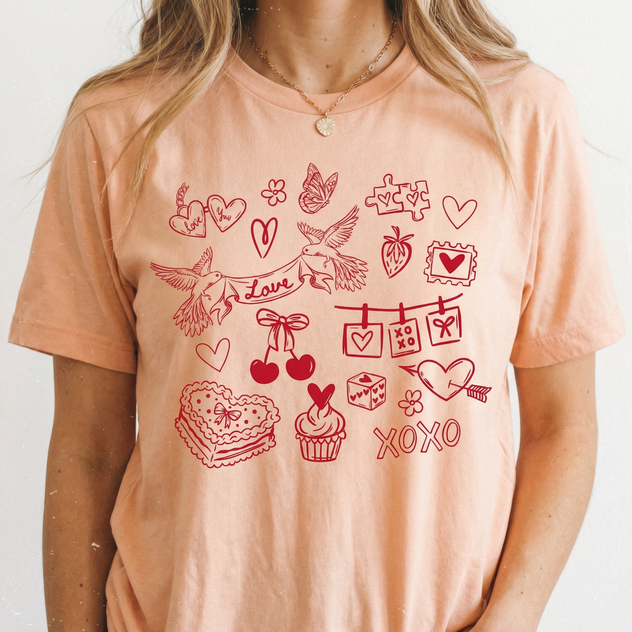 Valentine Doodles Collage T-Shirt – Women’s Love XOXO Graphic Tee