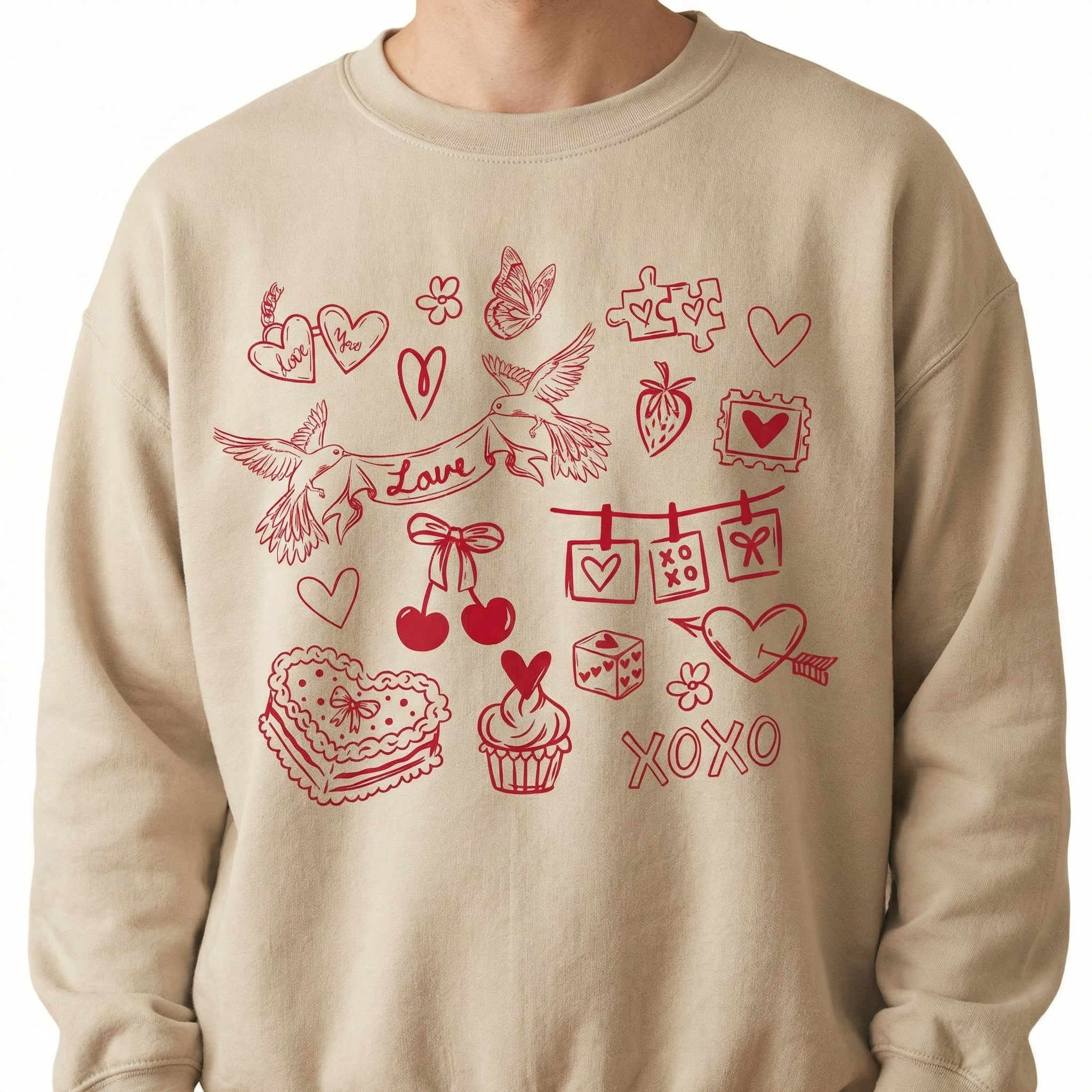 Valentine Doodles Collage T-Shirt – Women’s Love XOXO Graphic Tee
