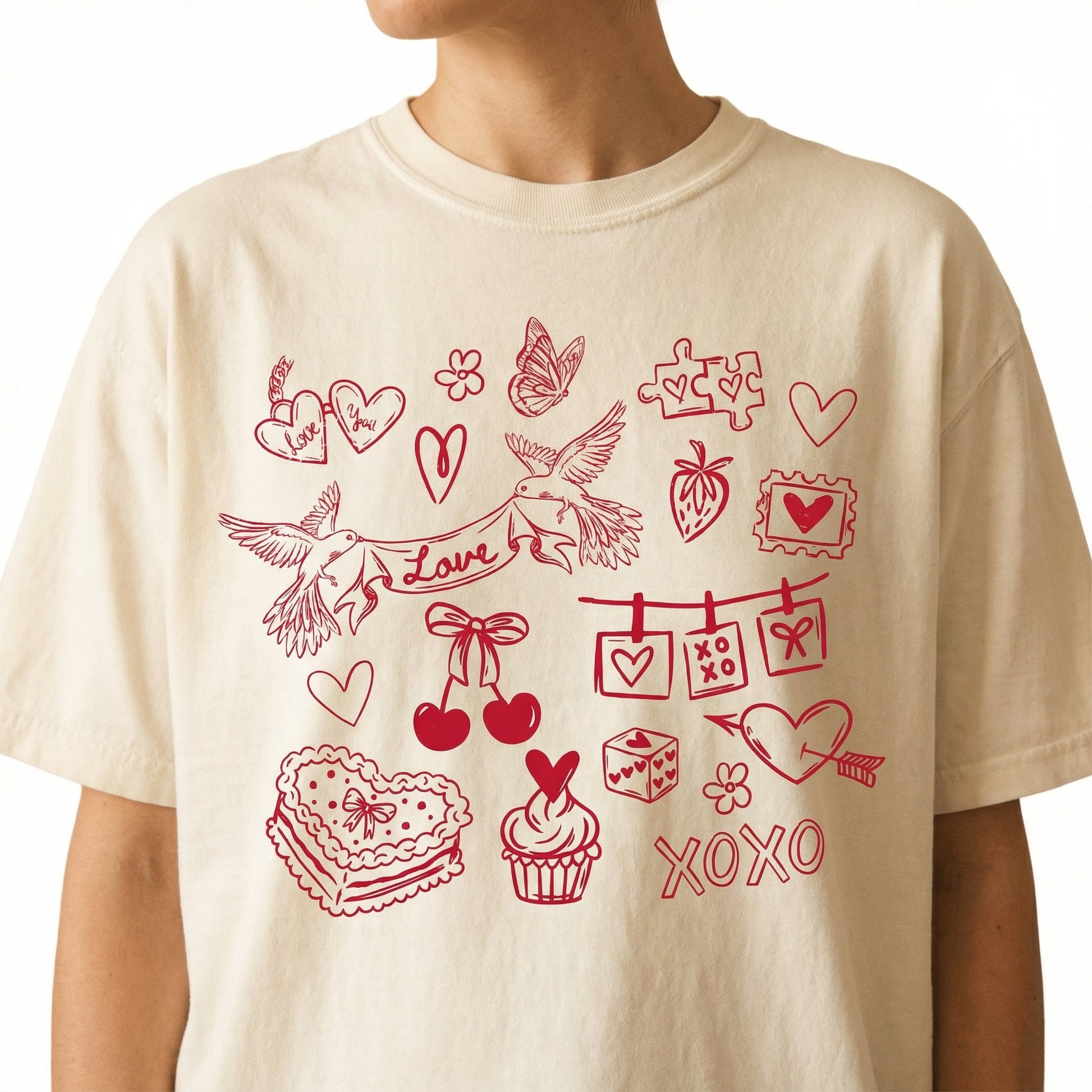 Valentine Doodles Collage T-Shirt – Women’s Love XOXO Graphic Tee