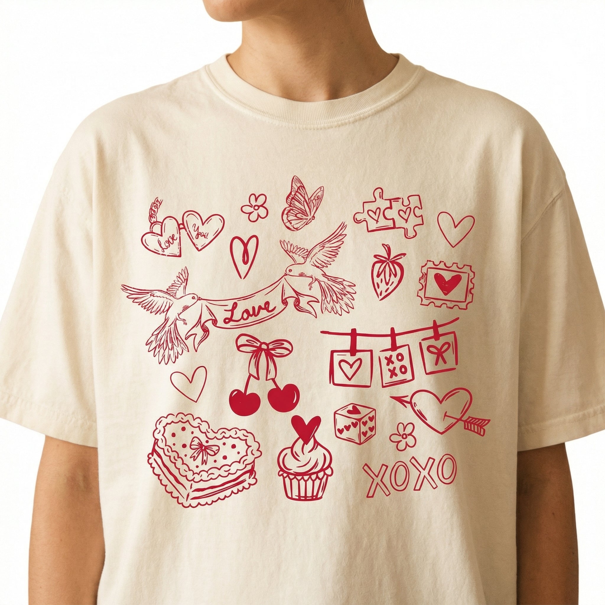 Valentine Doodles Collage T-Shirt – Women’s Love XOXO Graphic Tee