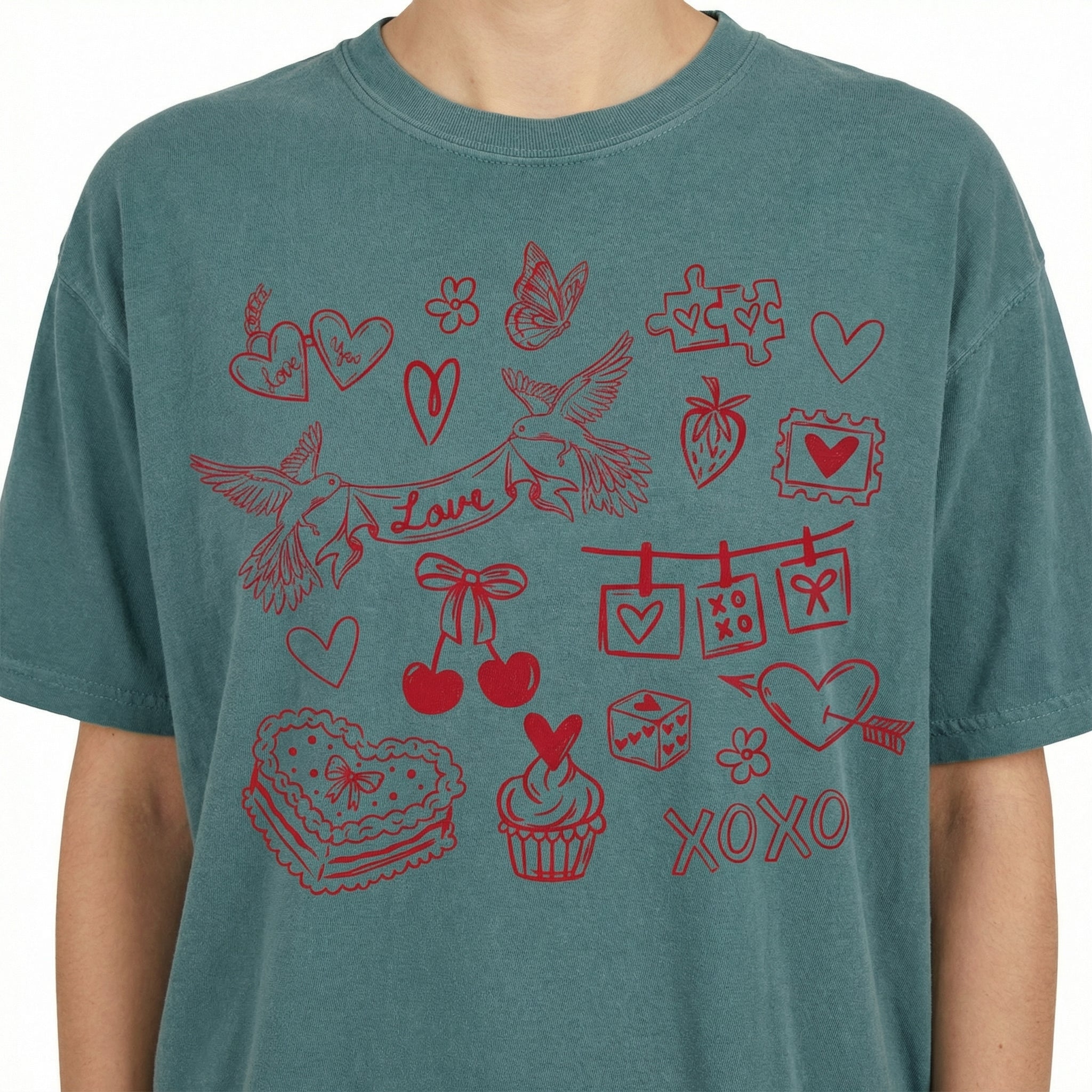 Valentine Doodles Collage T-Shirt – Women’s Love XOXO Graphic Tee