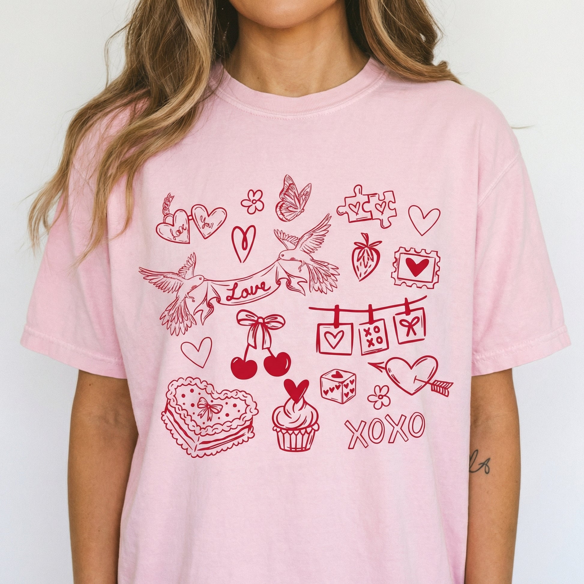 Valentine Doodles Collage T-Shirt – Women’s Love XOXO Graphic Tee