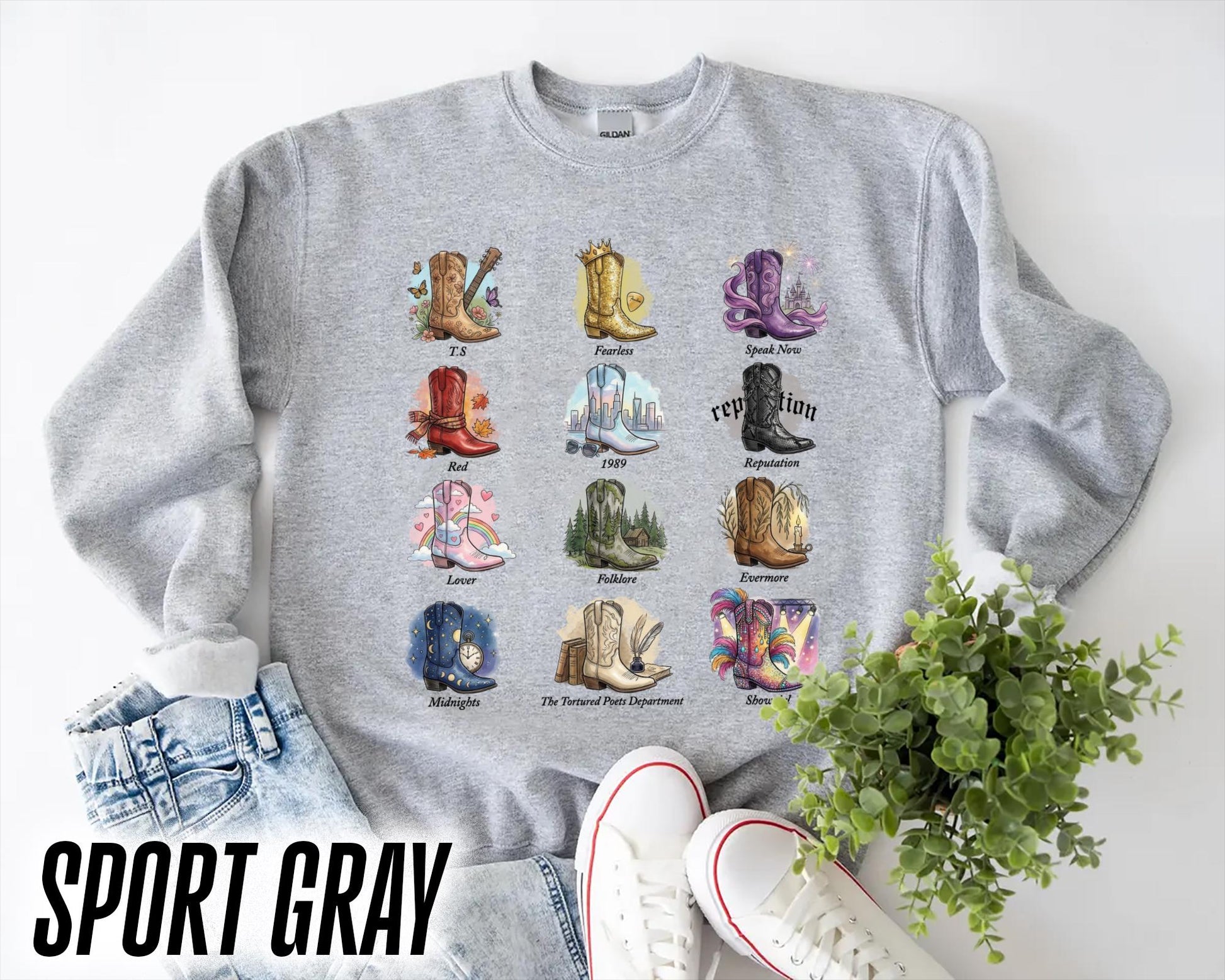 Vintage Albums Inspired Boots Crewneck Sweatshirt – Trendy Country Music Lover Shirt