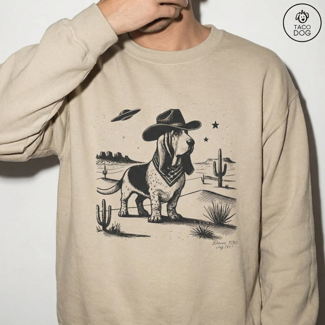 Vintage Basset Hound UFO Western T-Shirt – Retro Cowboy Dog Graphic Tee