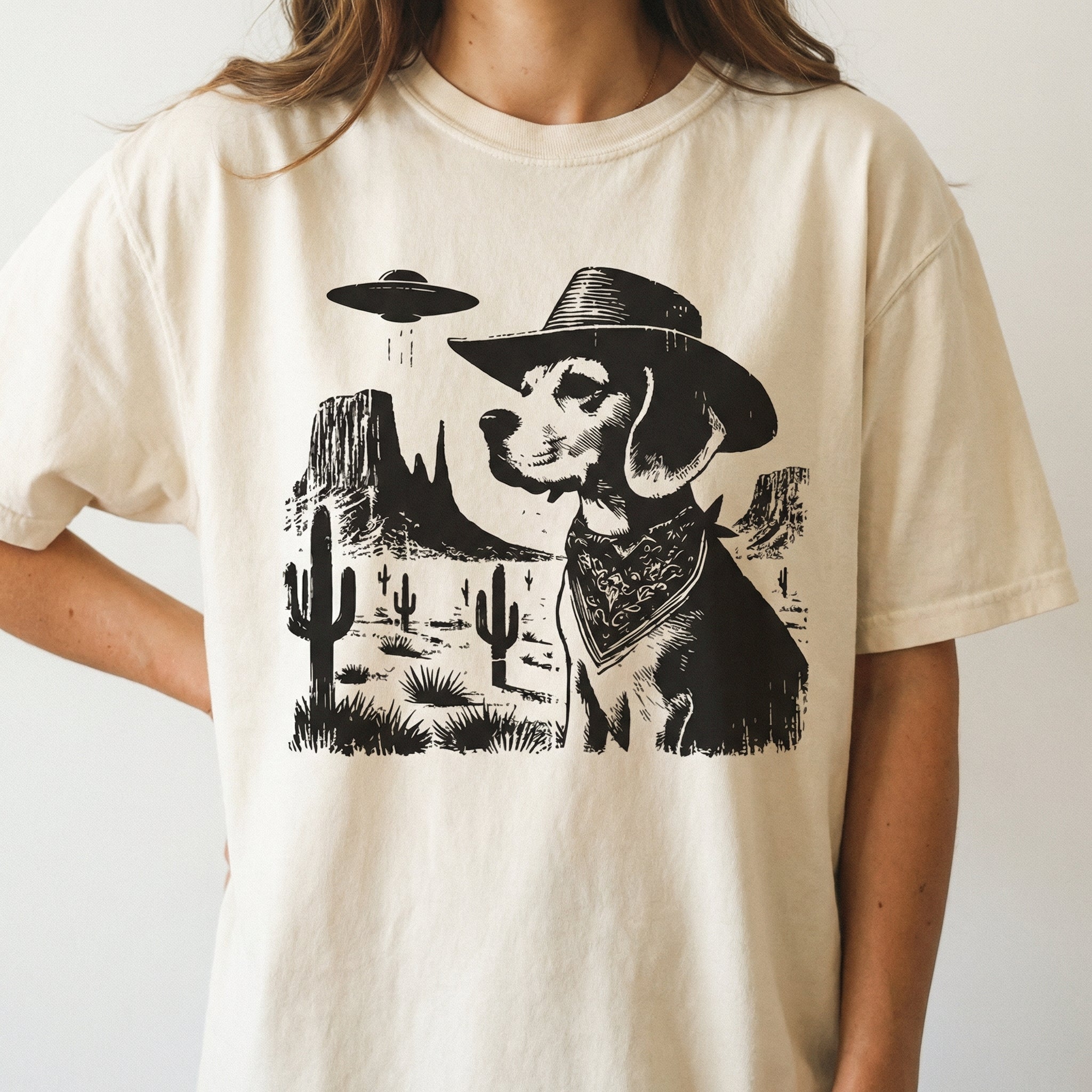 Vintage Beagle UFO T-Shirt - Western Cowboy Beagle Graphic Tee - Retro Country Dog Gift