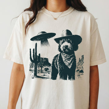 Vintage Bernedoodle UFO T-Shirt - Western Cowboy Bernedoodle Graphic Tee - Retro Alien Dog Gift