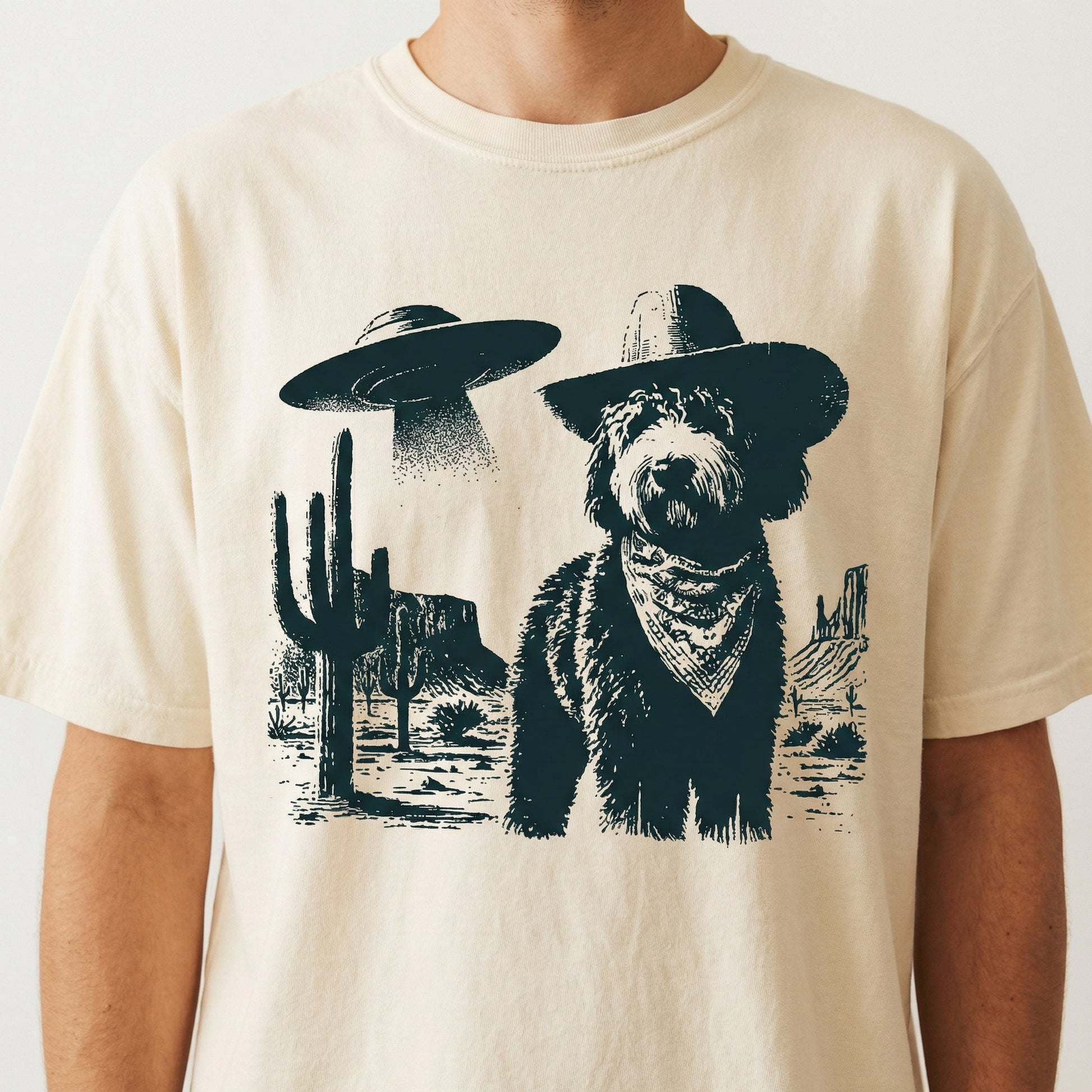 Vintage Bernedoodle UFO T-Shirt - Western Cowboy Bernedoodle Graphic Tee - Retro Alien Dog Gift