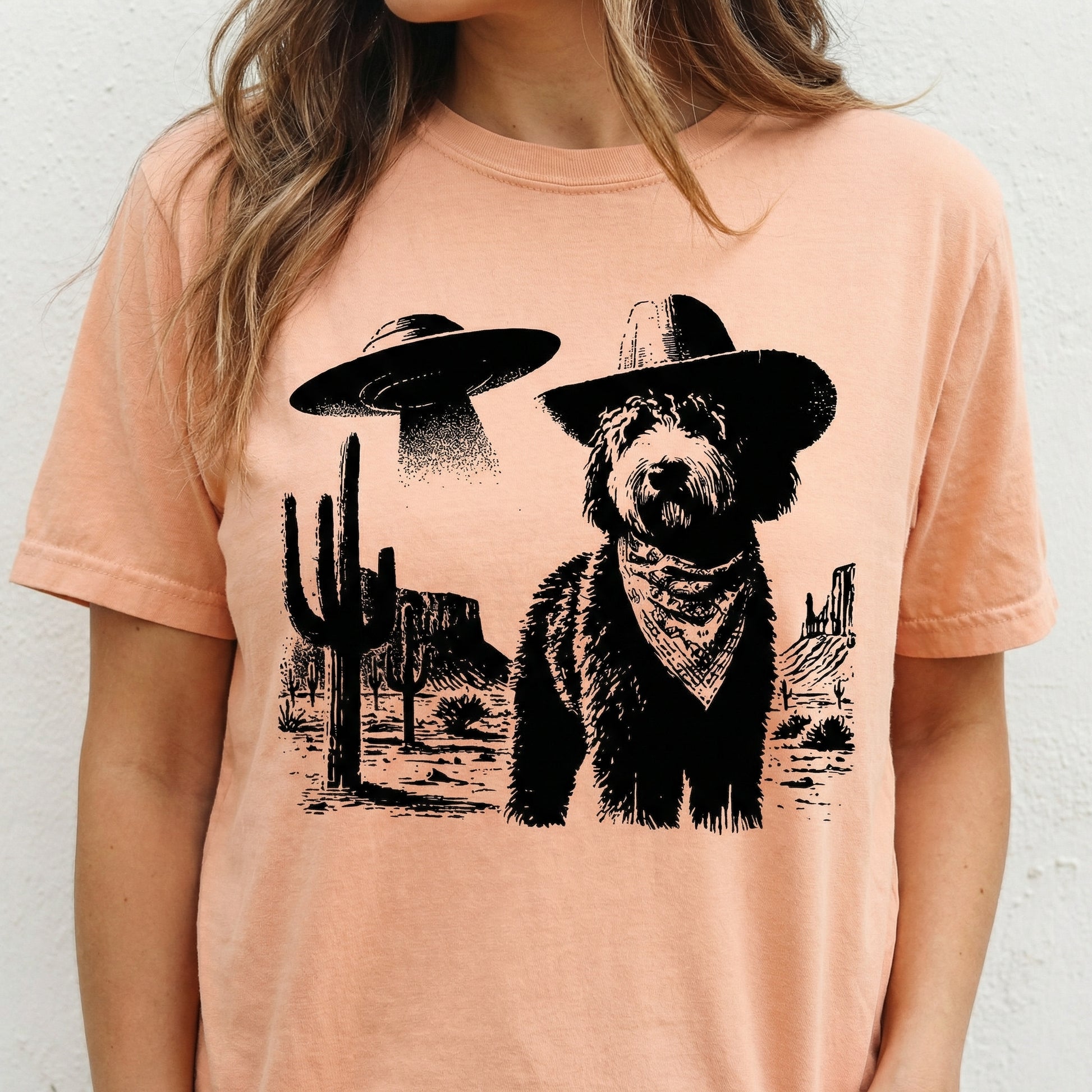 Vintage Bernedoodle UFO T-Shirt - Western Cowboy Bernedoodle Graphic Tee - Retro Alien Dog Gift