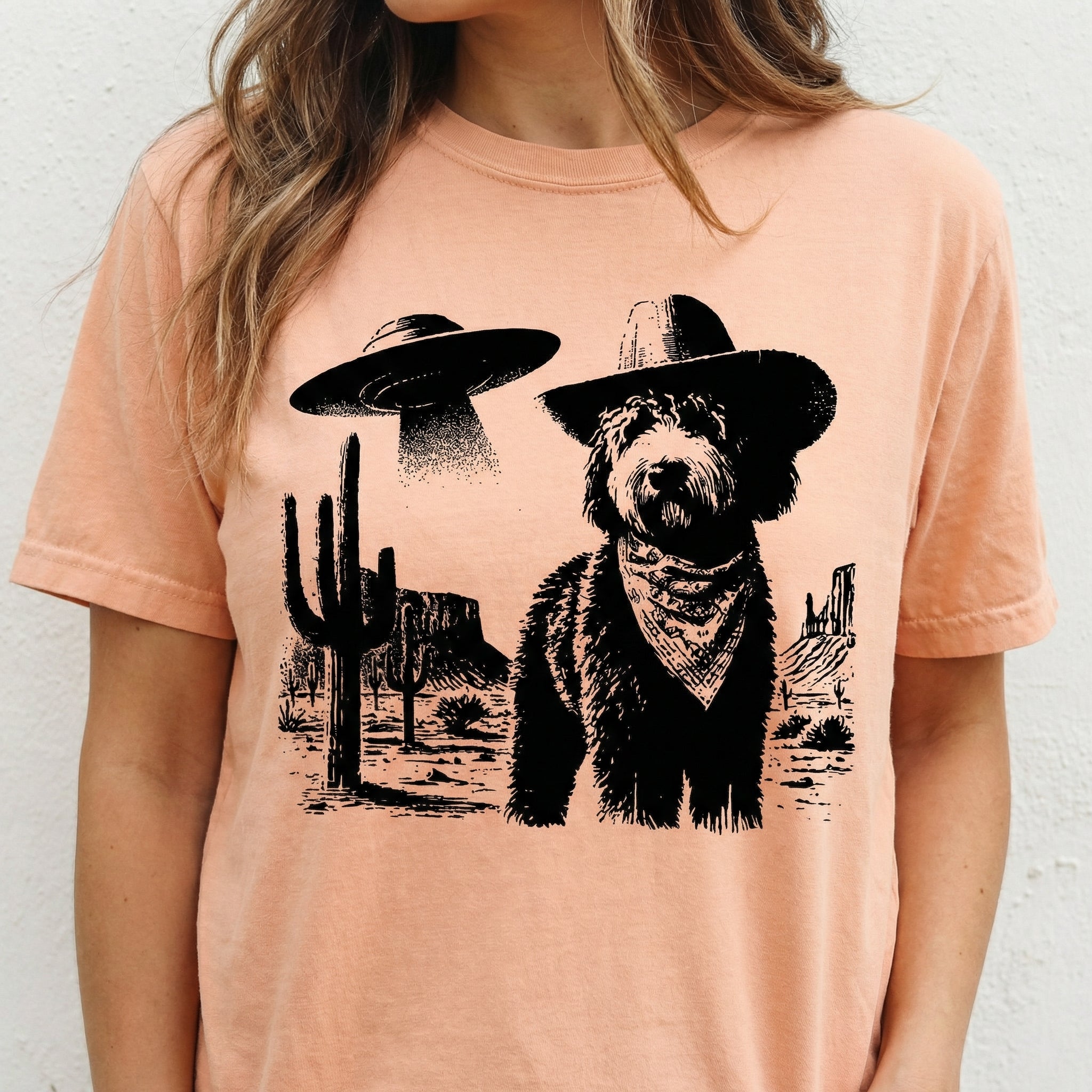 Vintage Bernedoodle UFO T-Shirt - Western Cowboy Bernedoodle Graphic Tee - Retro Alien Dog Gift