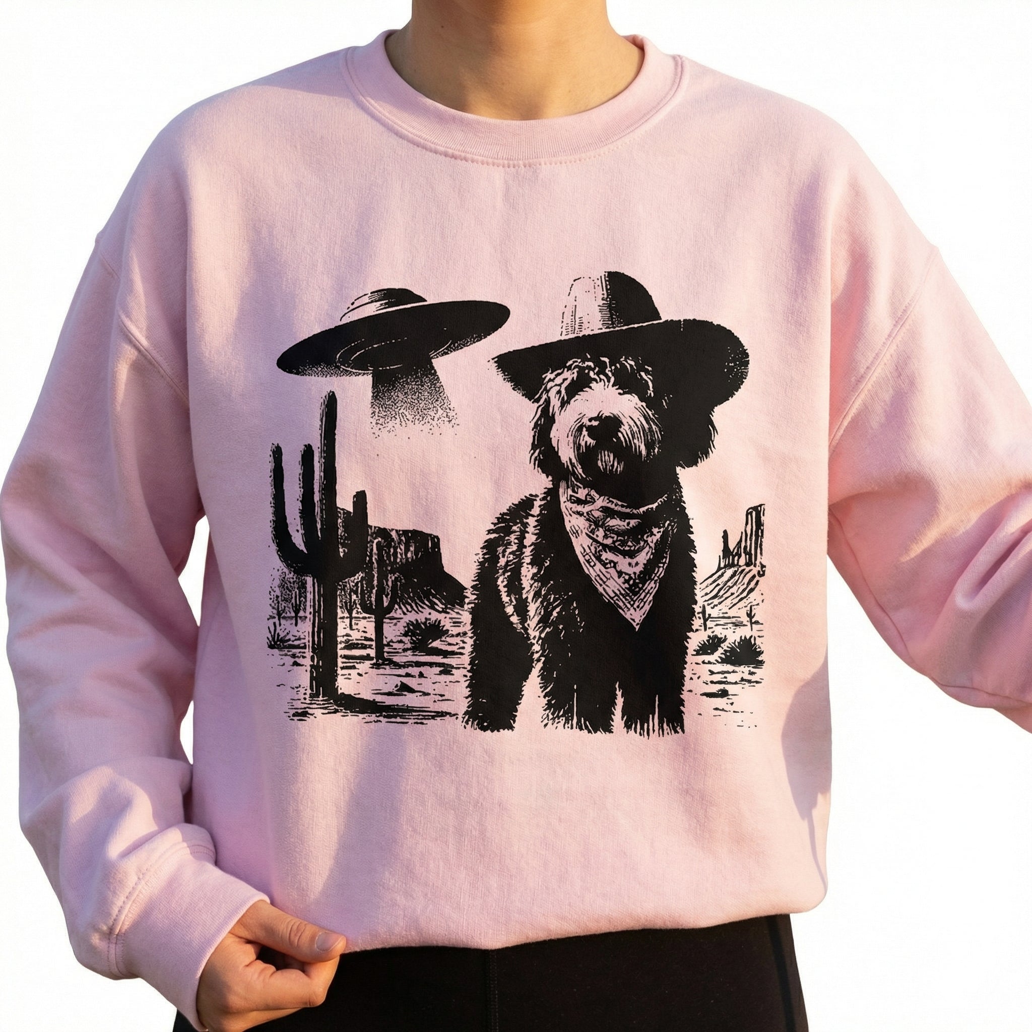 Vintage Bernedoodle UFO T-Shirt - Western Cowboy Bernedoodle Graphic Tee - Retro Alien Dog Gift