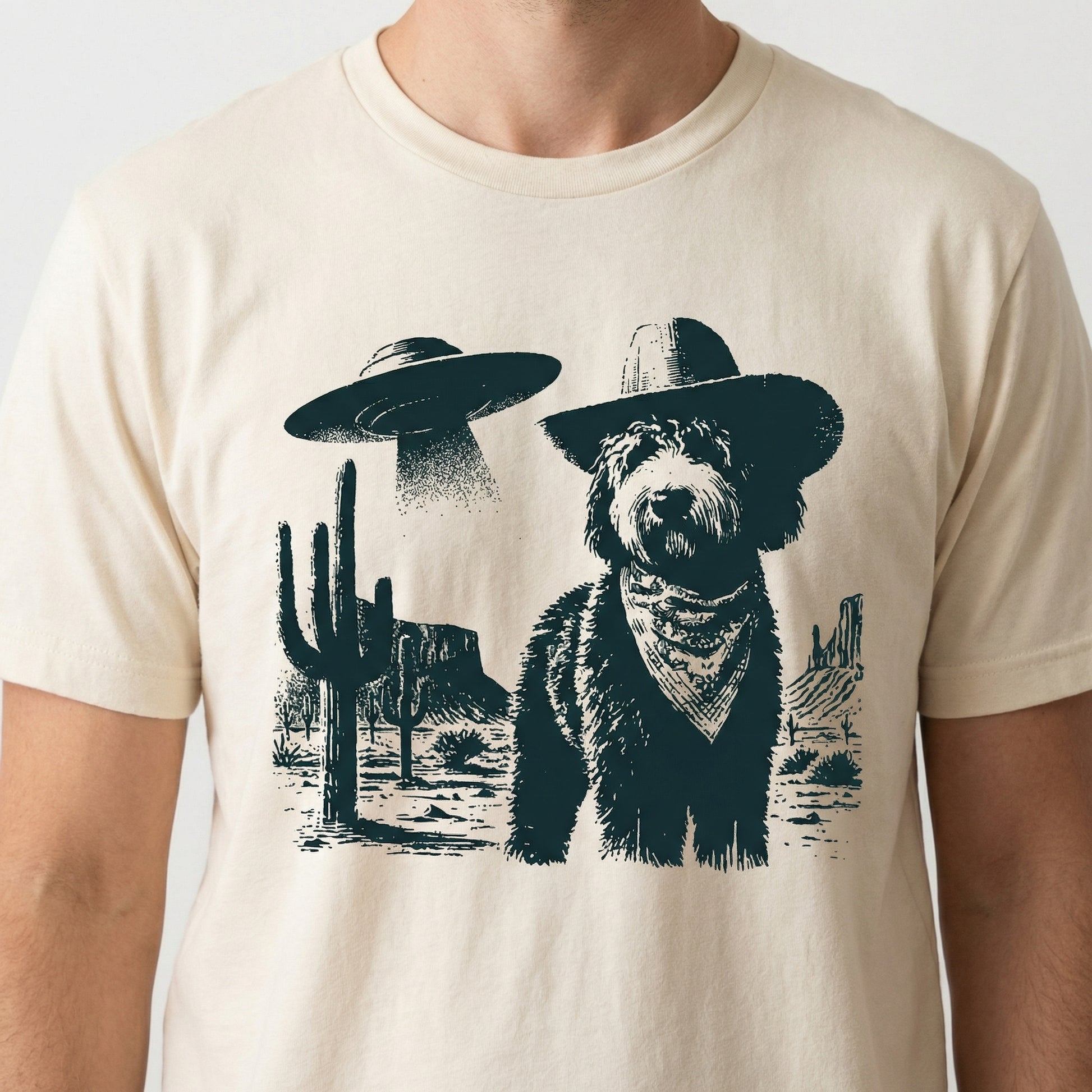 Vintage Bernedoodle UFO T-Shirt - Western Cowboy Bernedoodle Graphic Tee - Retro Alien Dog Gift