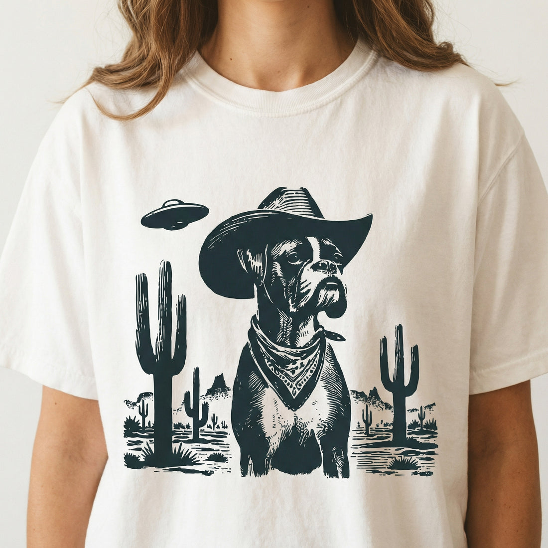 Vintage Boxer UFO T-Shirt - Western Cowboy Boxer Dog Graphic Tee - Space Dog Gift