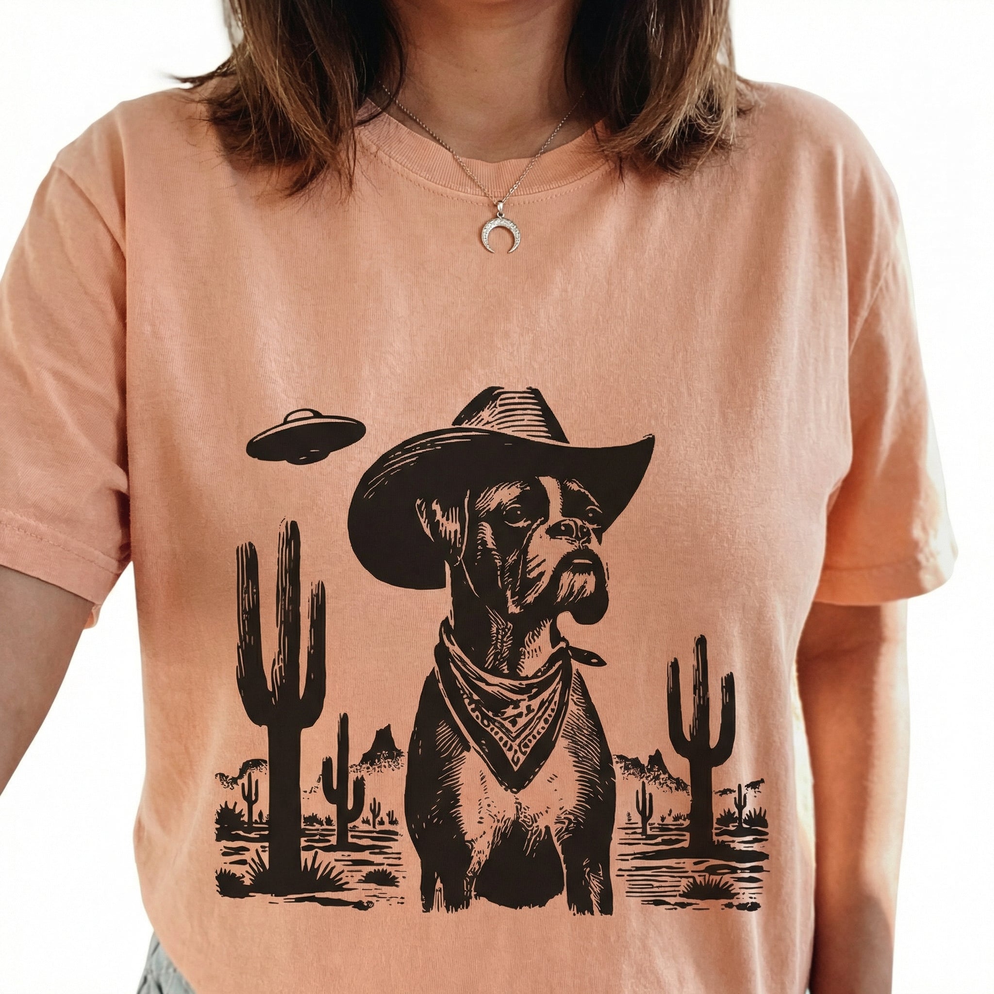Vintage Boxer UFO T-Shirt - Western Cowboy Boxer Dog Graphic Tee - Space Dog Gift