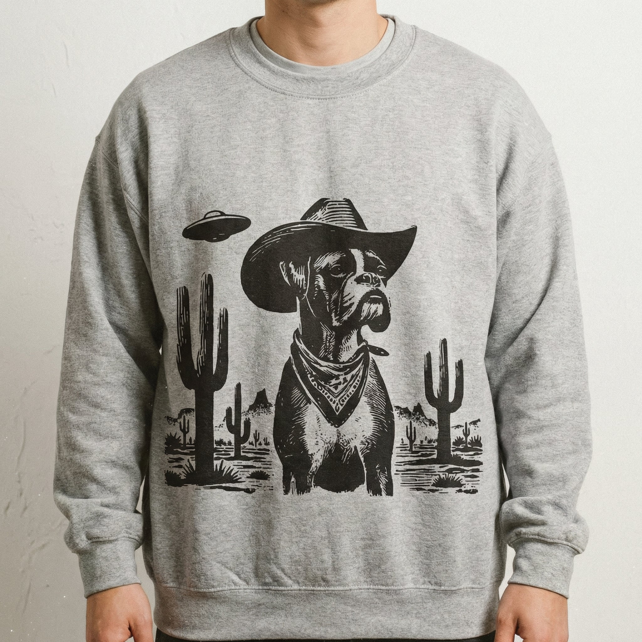 Vintage Boxer UFO T-Shirt - Western Cowboy Boxer Dog Graphic Tee - Space Dog Gift