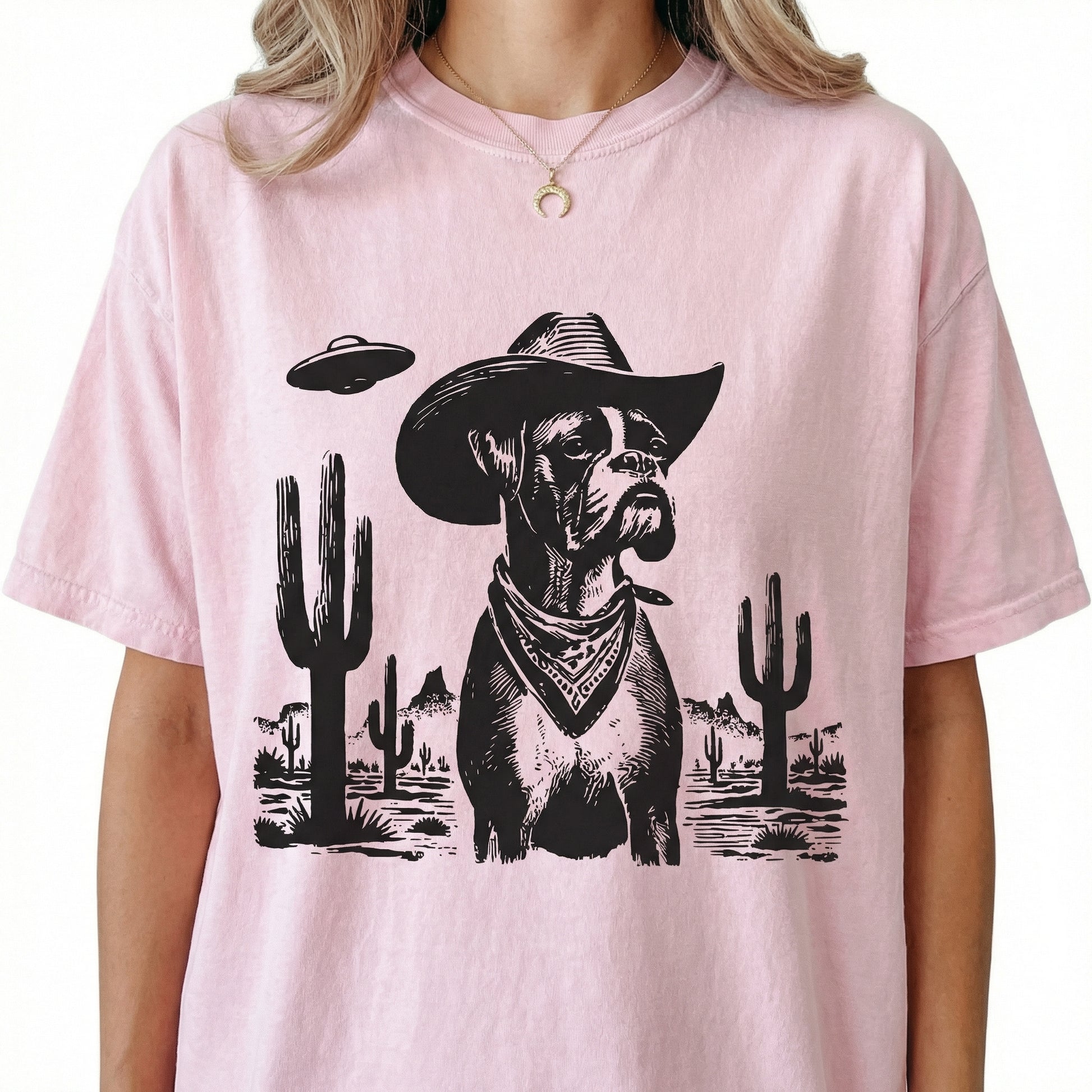 Vintage Boxer UFO T-Shirt - Western Cowboy Boxer Dog Graphic Tee - Space Dog Gift