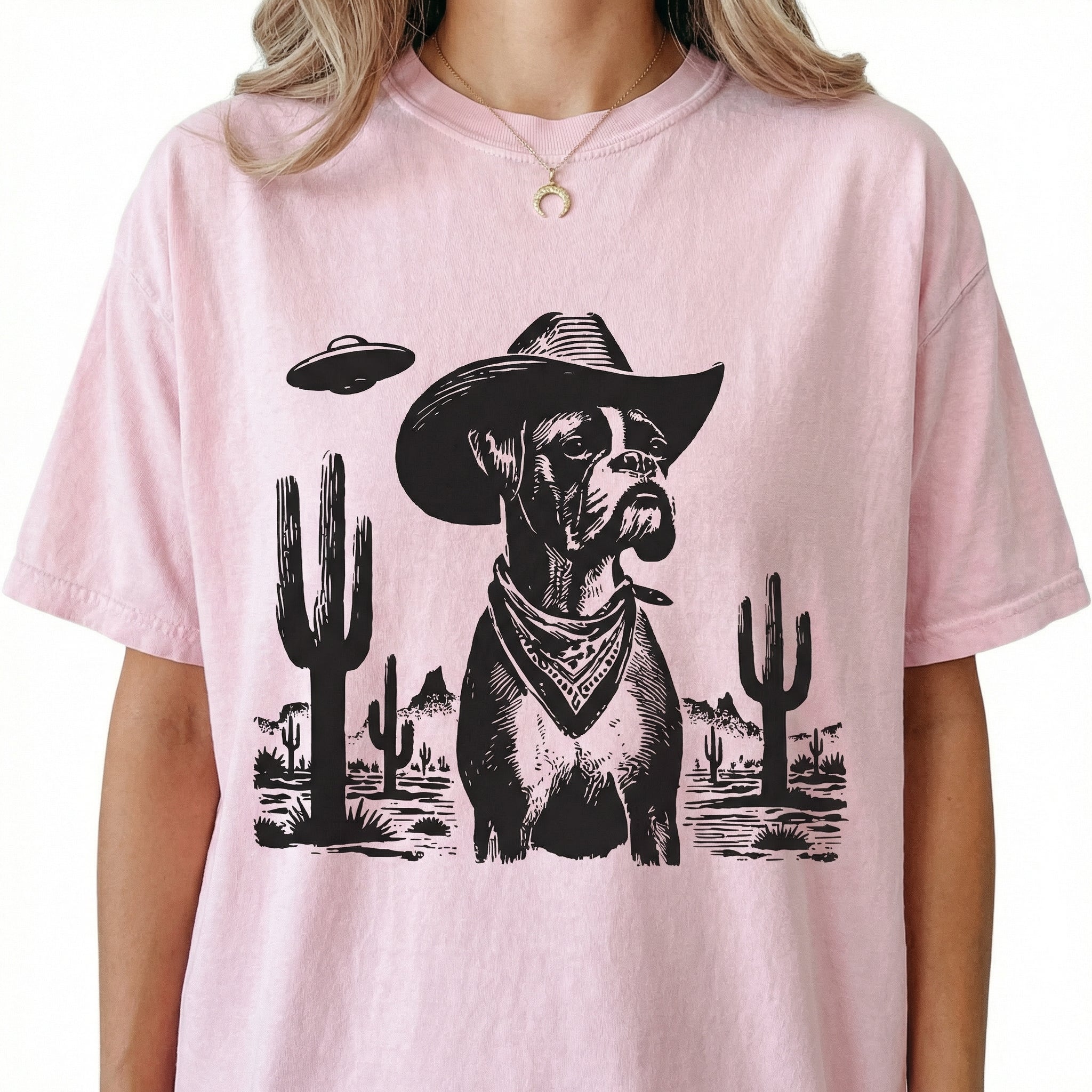 Vintage Boxer UFO T-Shirt - Western Cowboy Boxer Dog Graphic Tee - Space Dog Gift