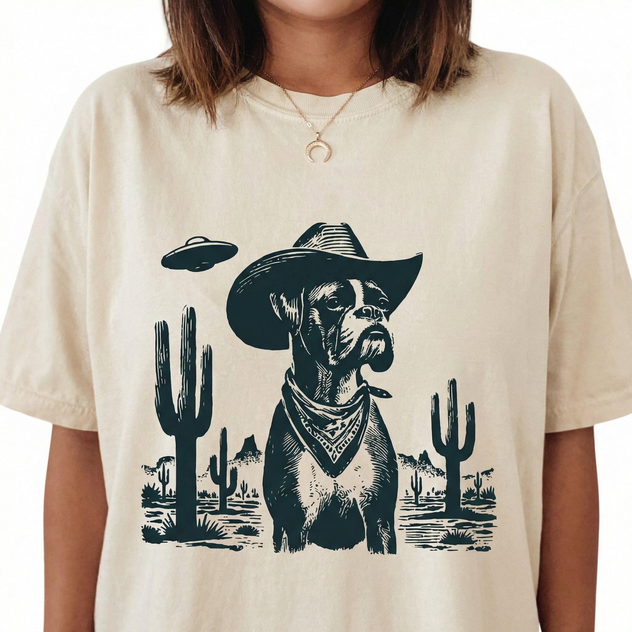 Vintage Boxer UFO T-Shirt - Western Cowboy Boxer Dog Graphic Tee - Space Dog Gift