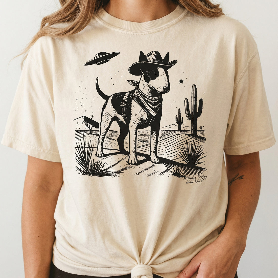 Vintage Bull Terrier UFO Western T-Shirt – Retro Cowboy Dog Graphic Tee