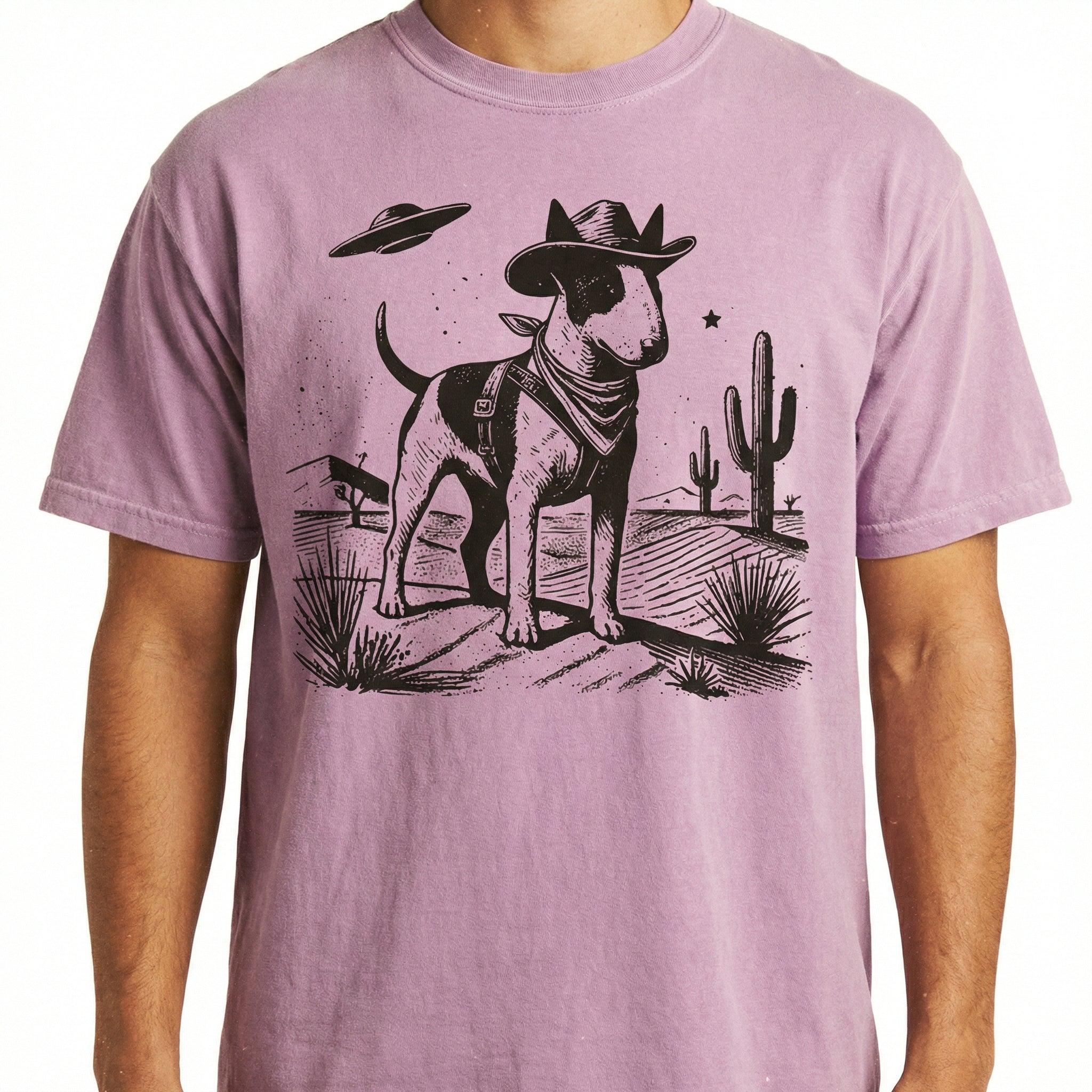 Vintage Bull Terrier UFO Western T-Shirt – Retro Cowboy Dog Graphic Tee