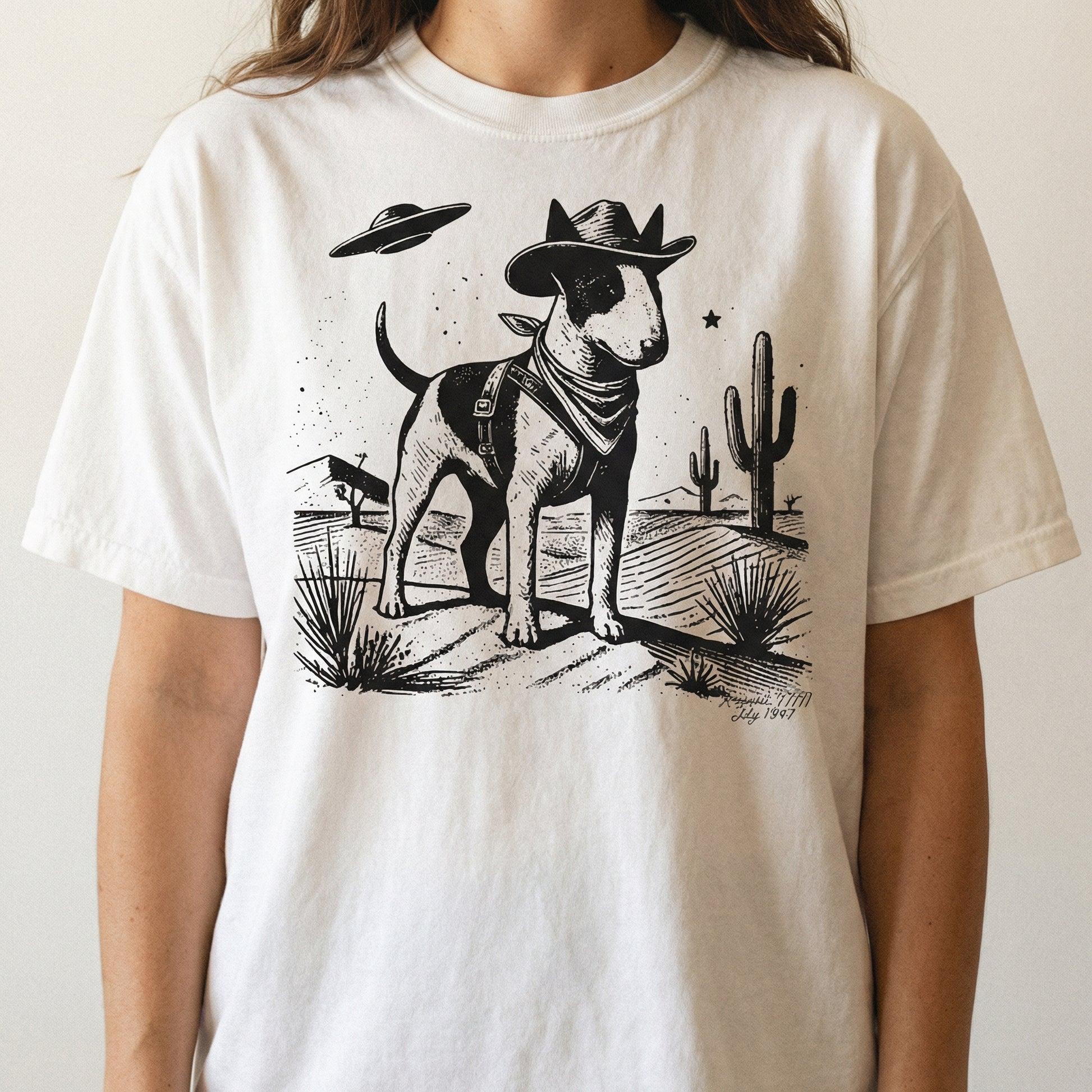 Vintage Bull Terrier UFO Western T-Shirt – Retro Cowboy Dog Graphic Tee