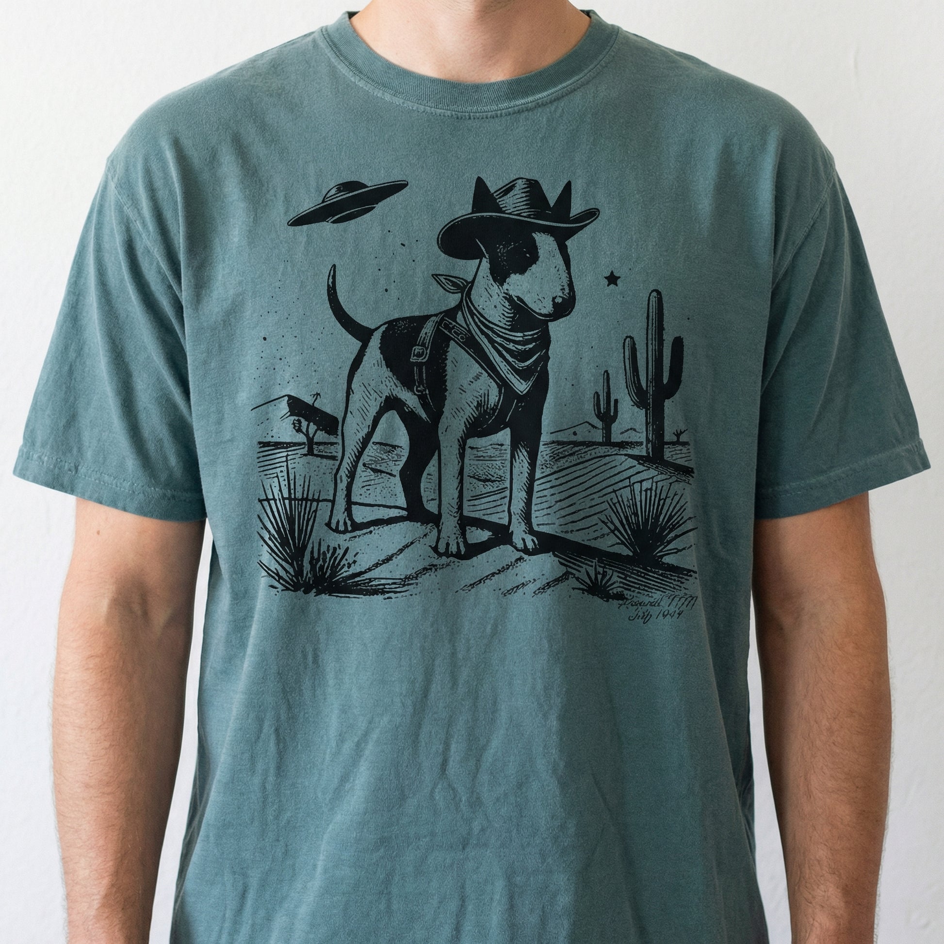 Vintage Bull Terrier UFO Western T-Shirt – Retro Cowboy Dog Graphic Tee