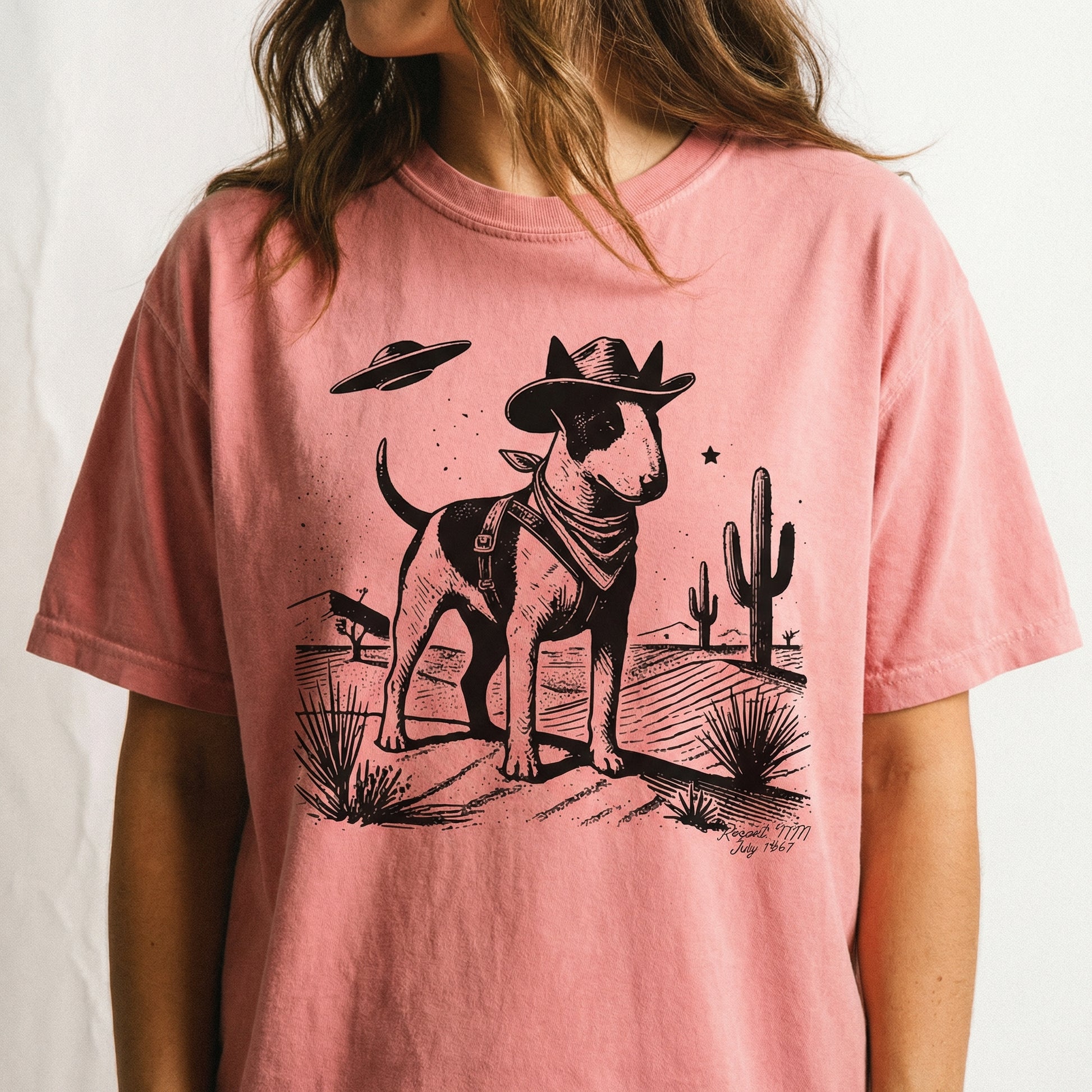 Vintage Bull Terrier UFO Western T-Shirt – Retro Cowboy Dog Graphic Tee